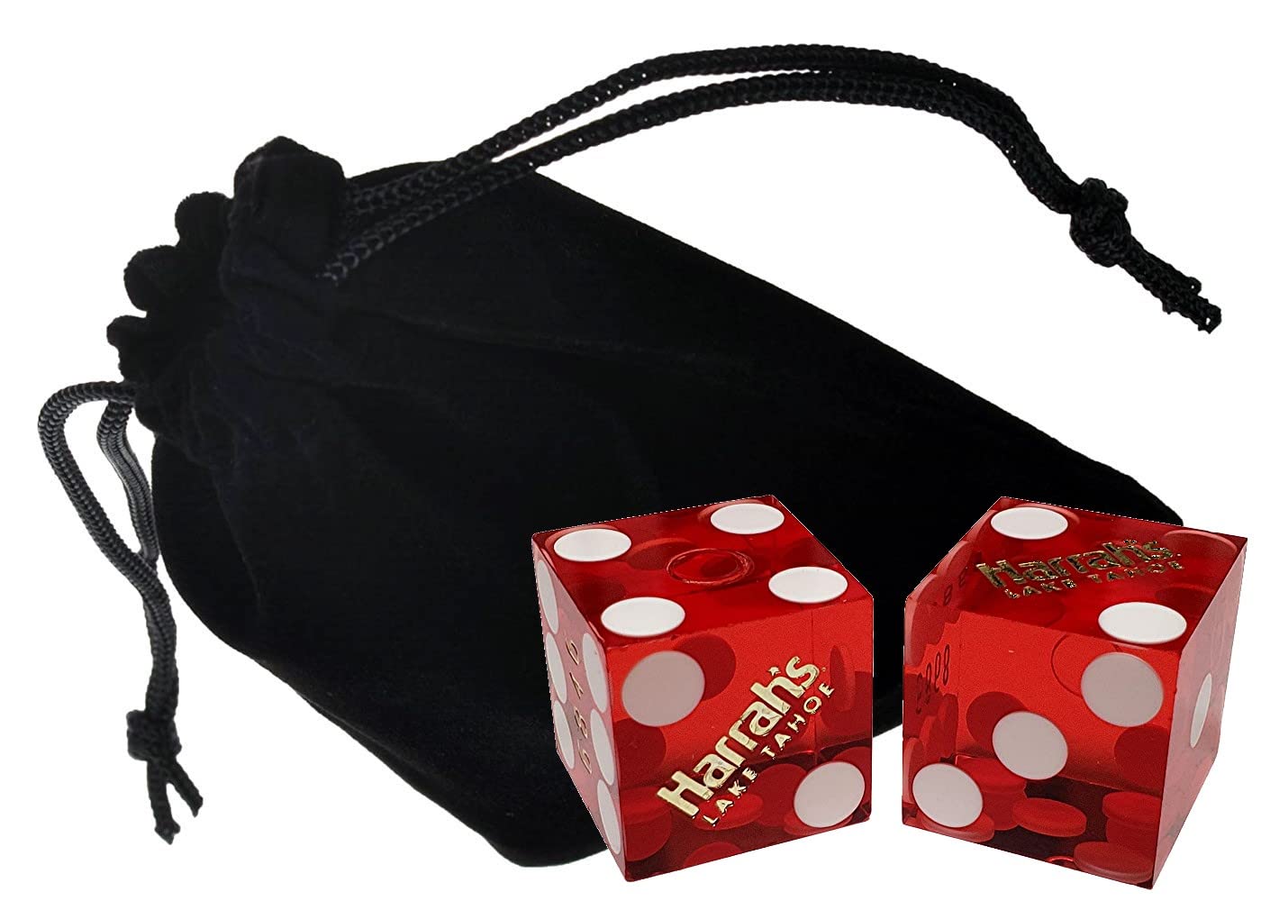 Authentic Harrah's Lake Tahoe Casino Dice Set - Red Polished Dice with Pouch & 36