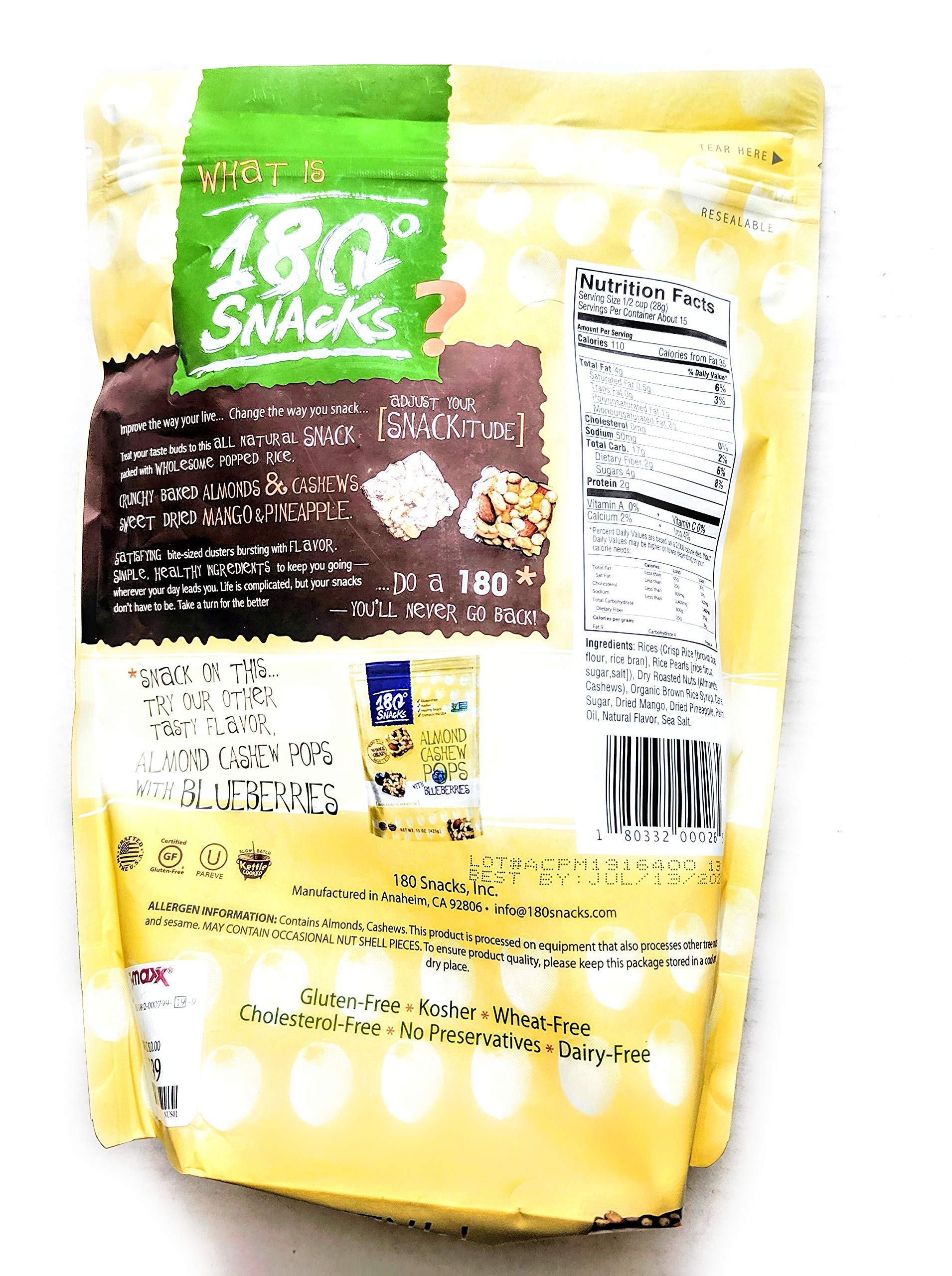 Premium 180 Snacks Almond Cashew Pops with Mango & Pineapple - 15oz Resealable Bag - Healthy Gluten-Free Trail Mix for Hiking, Office Snacks & On-The-Go Nutrition