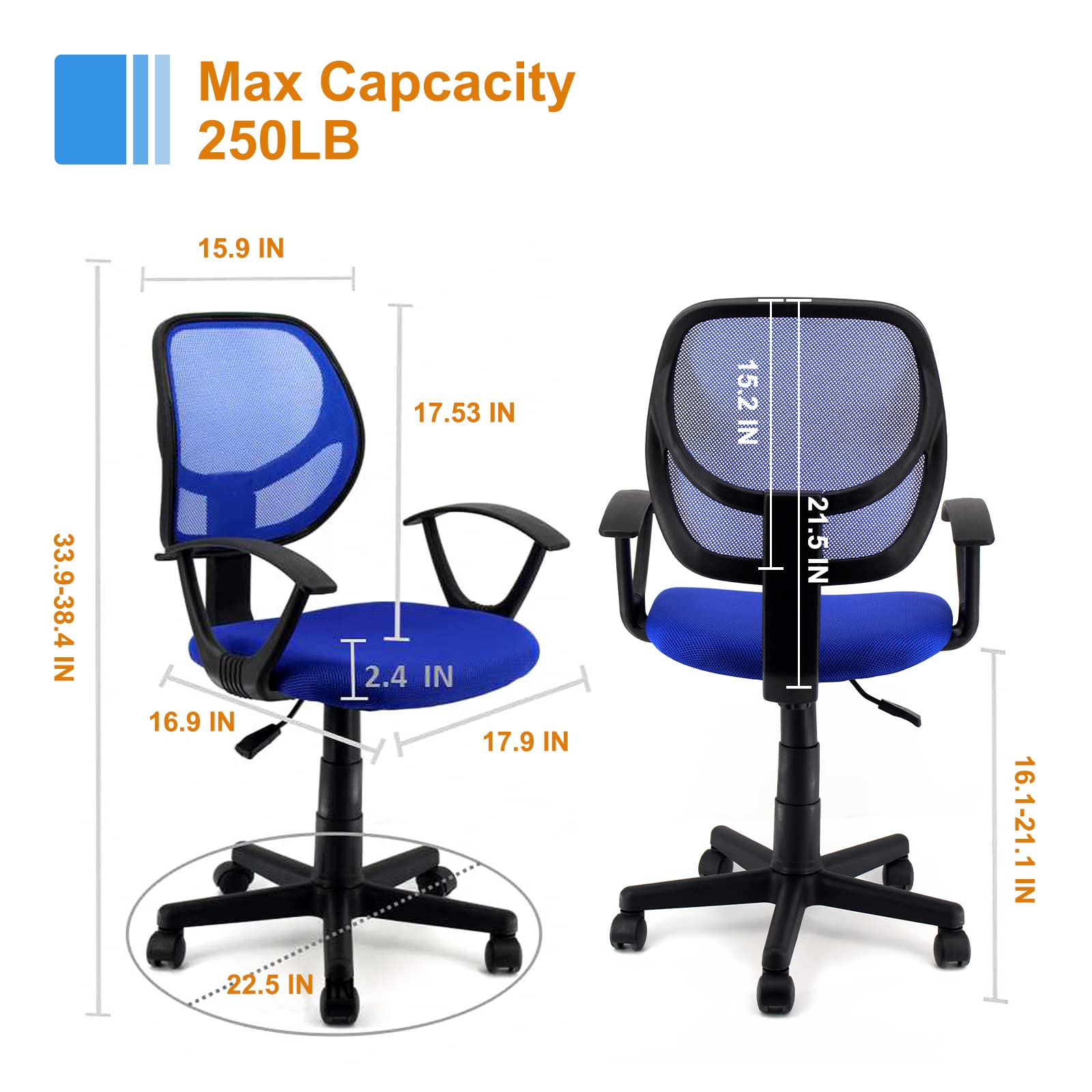 Ergonomic Mid Back Mesh Office Chair with Wheels & Adjustable Arms - Black & Blue - Perfect for Home Office, Gaming & Computer Workstations