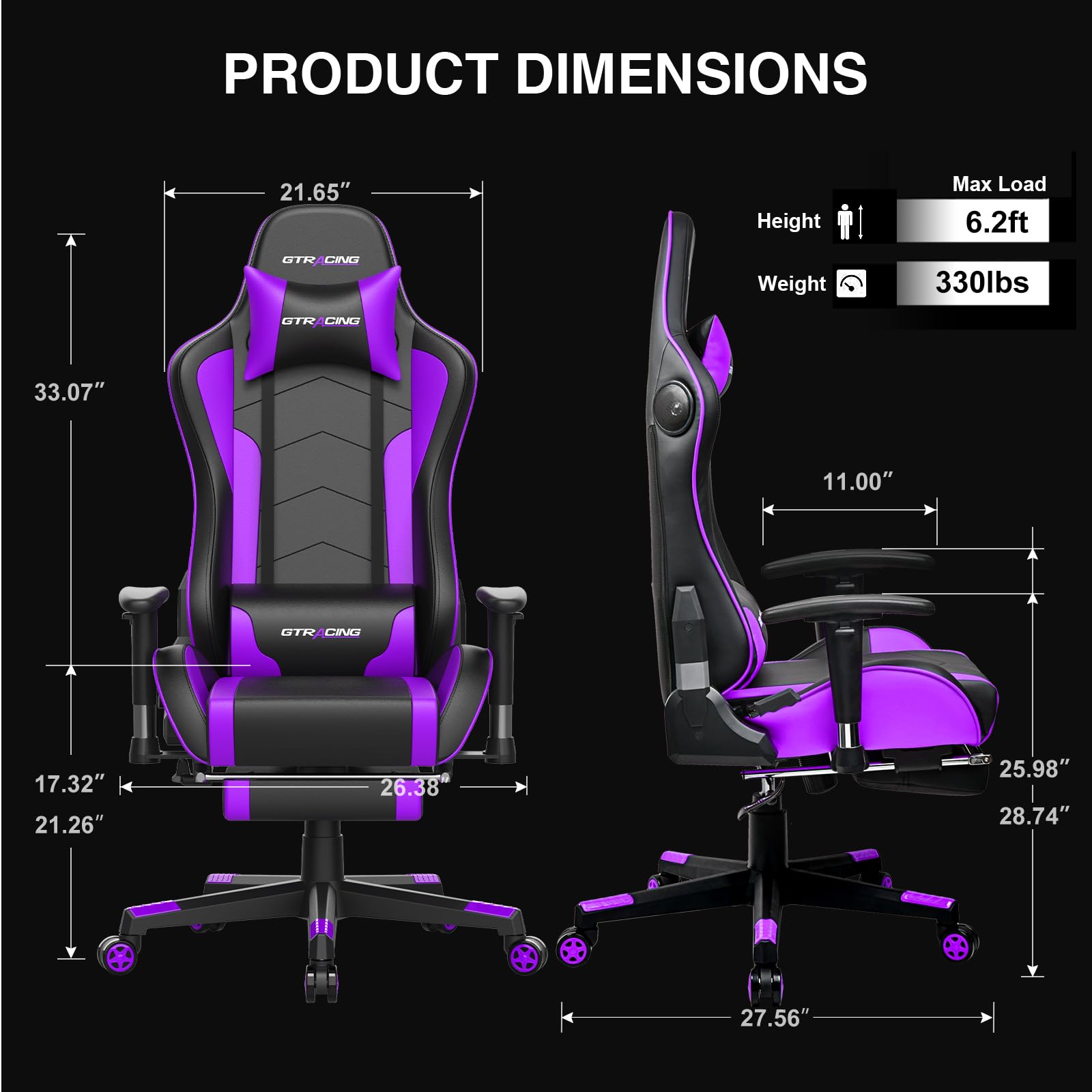 GTRACING Ergonomic Gaming Chair with Built-in Speakers & Footrest - Heavy Duty Office Computer Desk Chair for Gamers, Purple - Perfect for Gaming, Streaming & Home Office Use