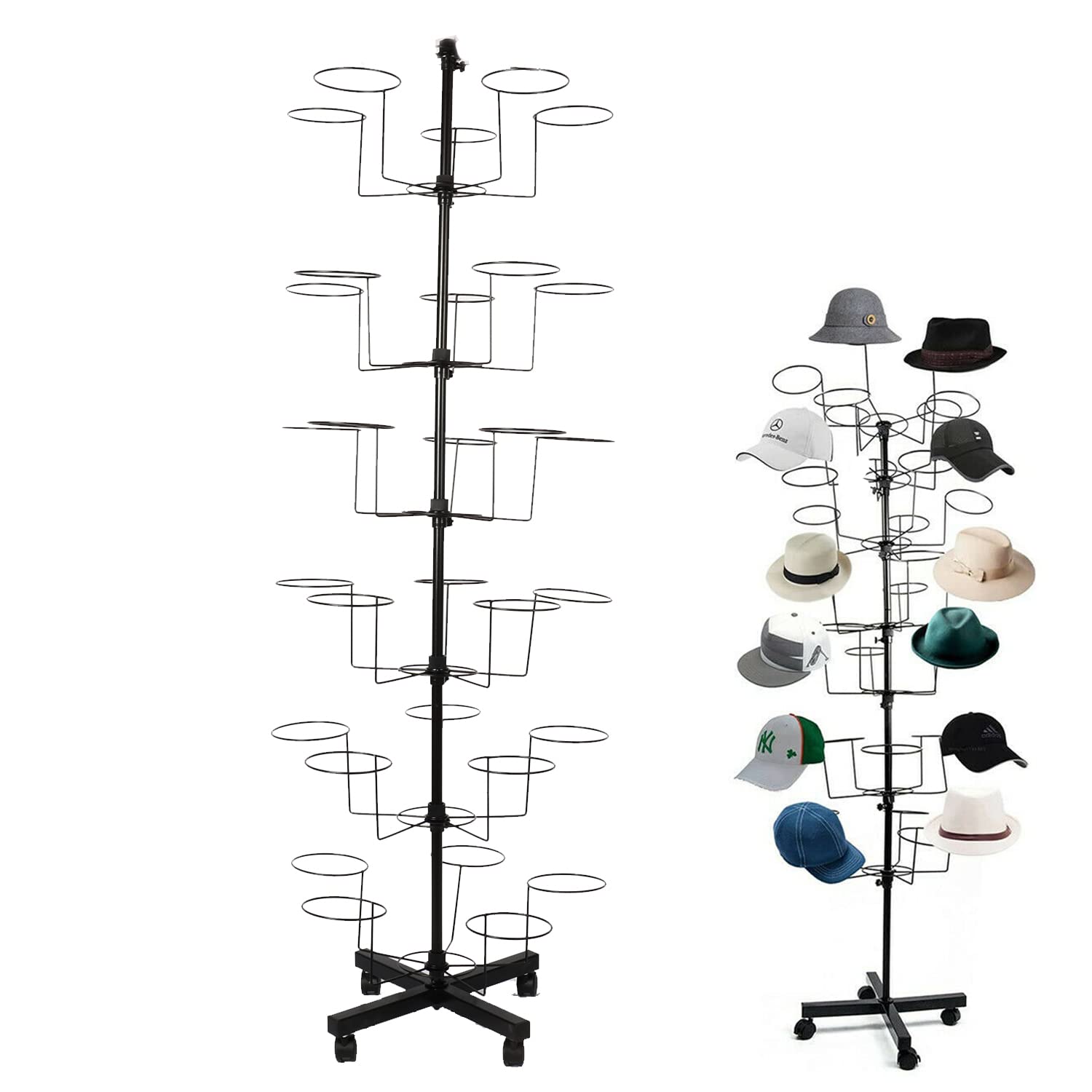 6-Tier Rotating Hat Display Rack with 30 Adjustable Hooks - Free Standing Metal Hat Hanger Stand with Wheels for Retail Stores, Wig Caps & Baseball Caps | Perfect for Hat Shops, Department Stores & Boutique Displays