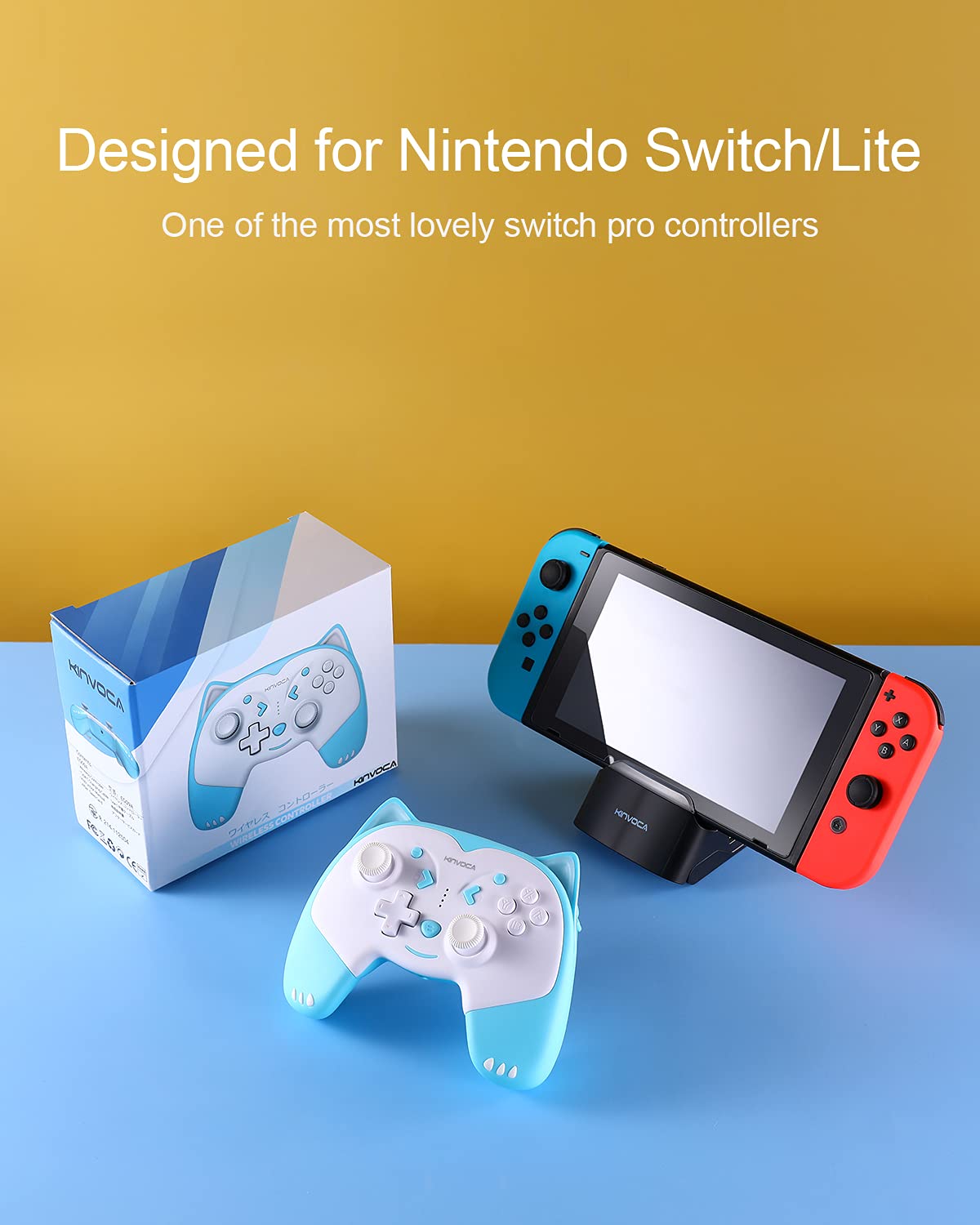 KINVOCA Wireless Pro Controller for Nintendo Switch & Switch Lite - Turbo, Motion Control, Vibration, Wake-Up, Headphone Jack & LED Breathing Light (Blue) - Perfect for Gaming, Streaming & Multiplayer Sessions