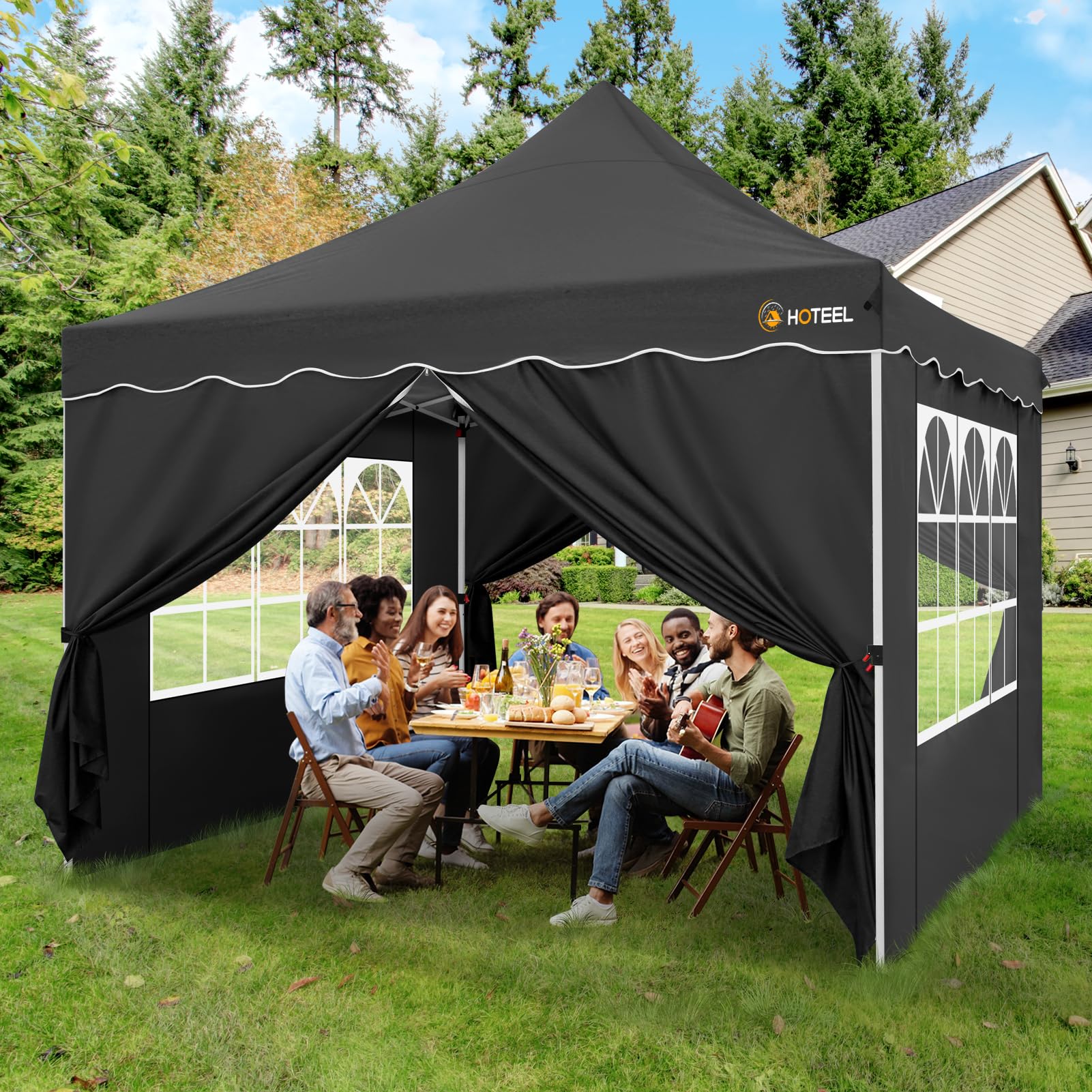 HOTEEL 10x10 Pop Up Canopy Tent with 4 Removable Sidewalls - Waterproof Instant Shelter with Sandbags, Stakes & Ropes - UPF 50+ Easy Setup Portable Canopy for Outdoor Events, Parties, Farmers Markets, Beach & Camping - Black