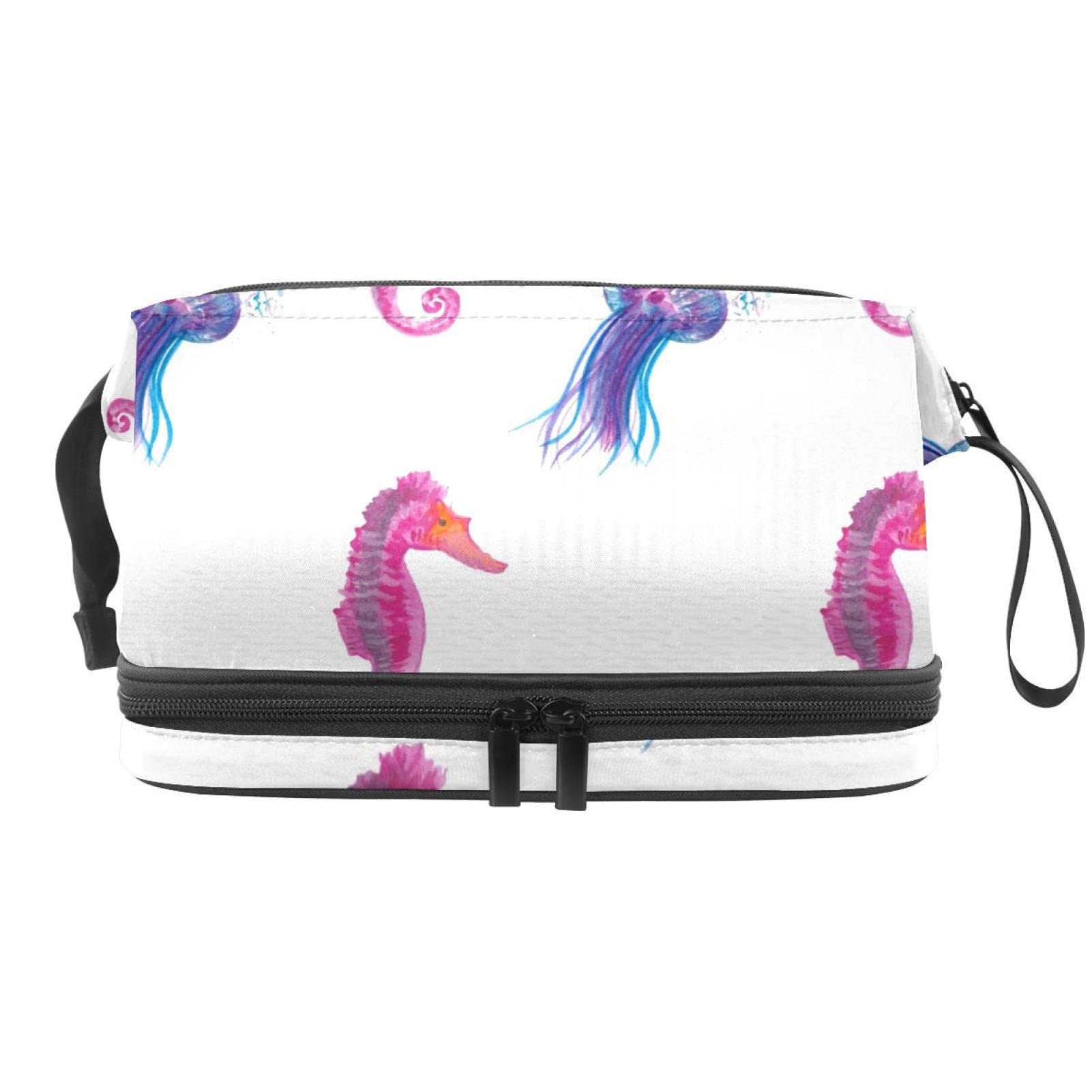 Double Layer Waterproof Cosmetic Bag for Travel - Large Makeup Organizer with Brush Compartment, Spacious Toiletry Bag for Women & Girls (Seahorse & Jellyfish Design) - Perfect for Vacation, Gym, Beach & Daily Use