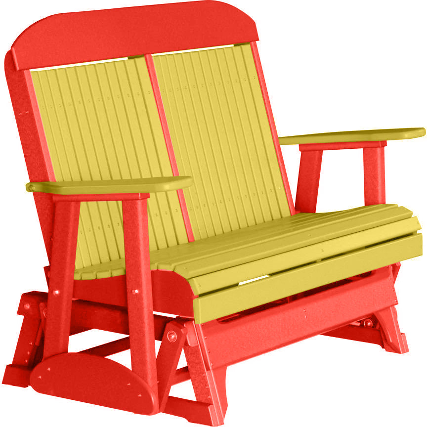 LuxCraft 4 ft. Yellow Recycled Plastic Highback Outdoor Glider Bench - Durable & Eco-Friendly Patio Seating for Garden, Porch, and Backyard Relaxation