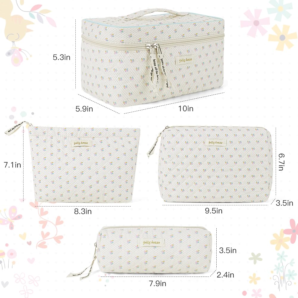 Cessfle 3PCS Cotton Quilted Makeup Bags Set - Cute Floral Cosmetic Organizer for Women | Large Coquette Aesthetic Travel Makeup Pouch | Perfect for Travel, Gym & Daily Beauty Essentials