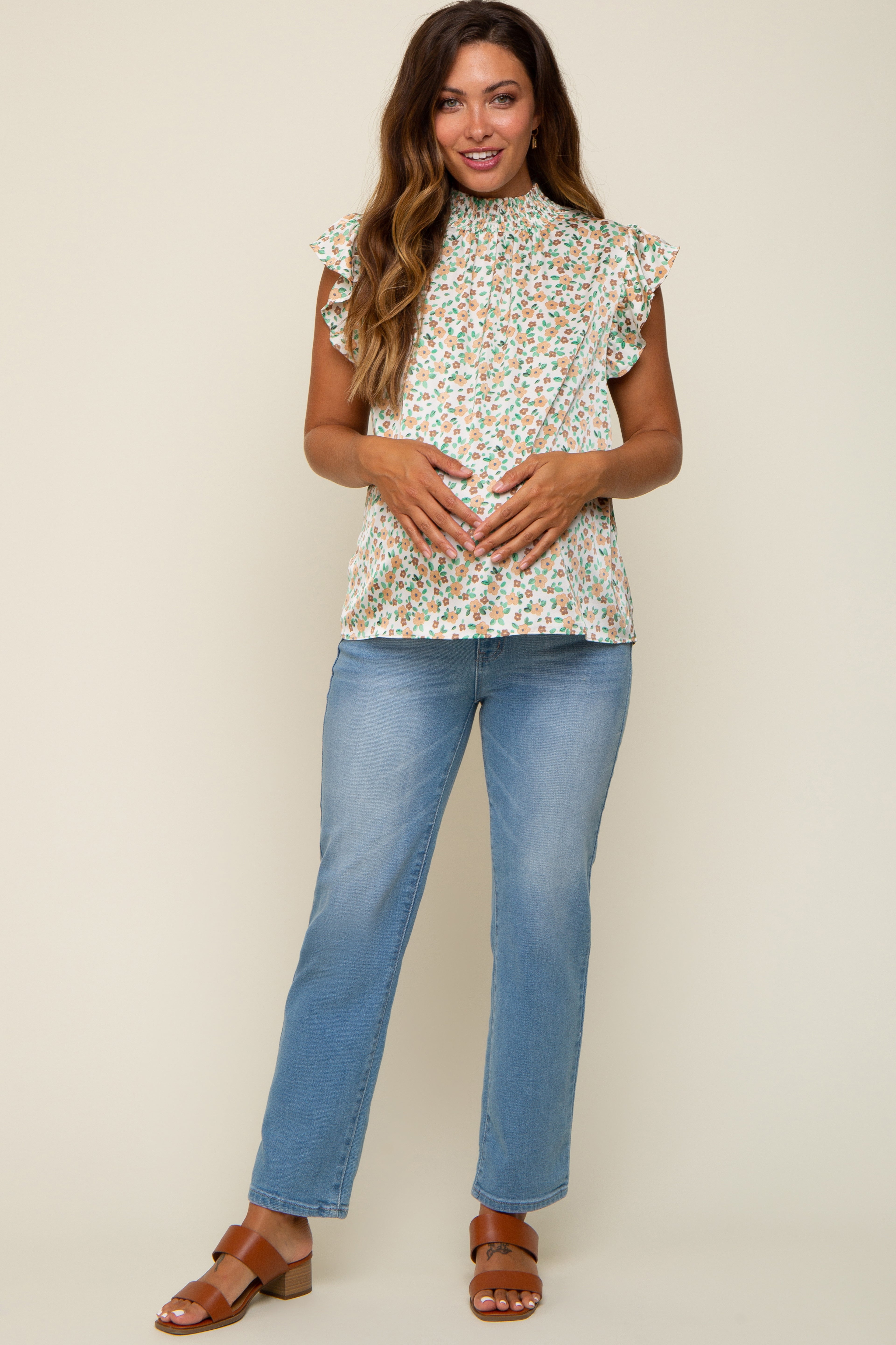 Beige Floral Satin Smocked Neck Maternity Blouse for Women - Elegant Pregnancy Top for Office, Party & Maternity Photoshoot