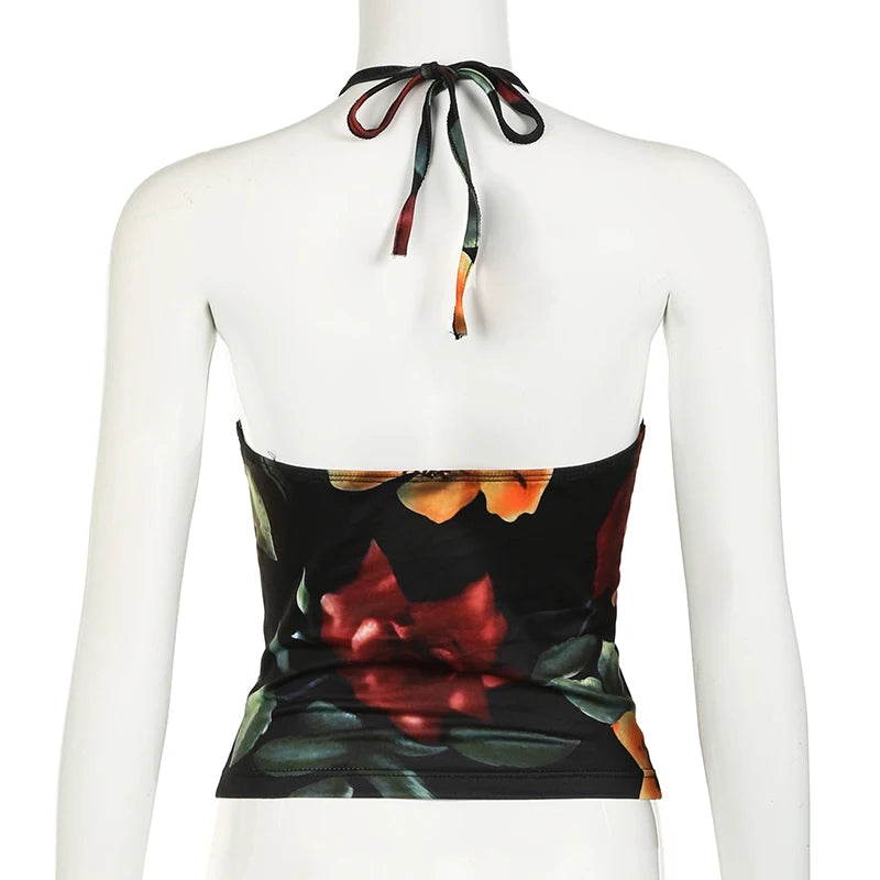 Floral Print Backless Halter Crop Top for Women - Sexy Summer Beachwear & Casual Harajuku Style | Perfect for Vacations, Music Festivals & Night Out