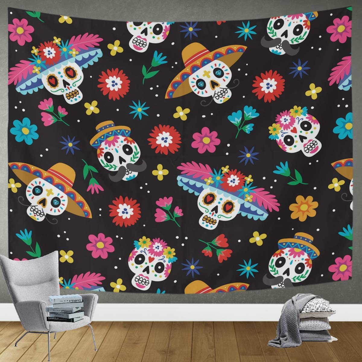 DOMIKING Sugar Skull Tapestry Wall Hanging - 90x60in Halloween Decor for Bedroom, Living Room & Office - Gothic Wall Art for Home Decor, Dorm Room & Party Backdrop