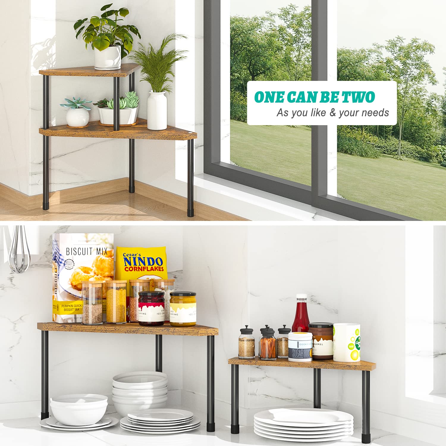 2-Tier Rust Brown Kitchen Countertop Organizer - Spice Rack for Salt & Coffee Storage, Bathroom Sink Organizer for Toiletries & Makeup - Perfect for Small Spaces, Counter Corners & Dresser Tables