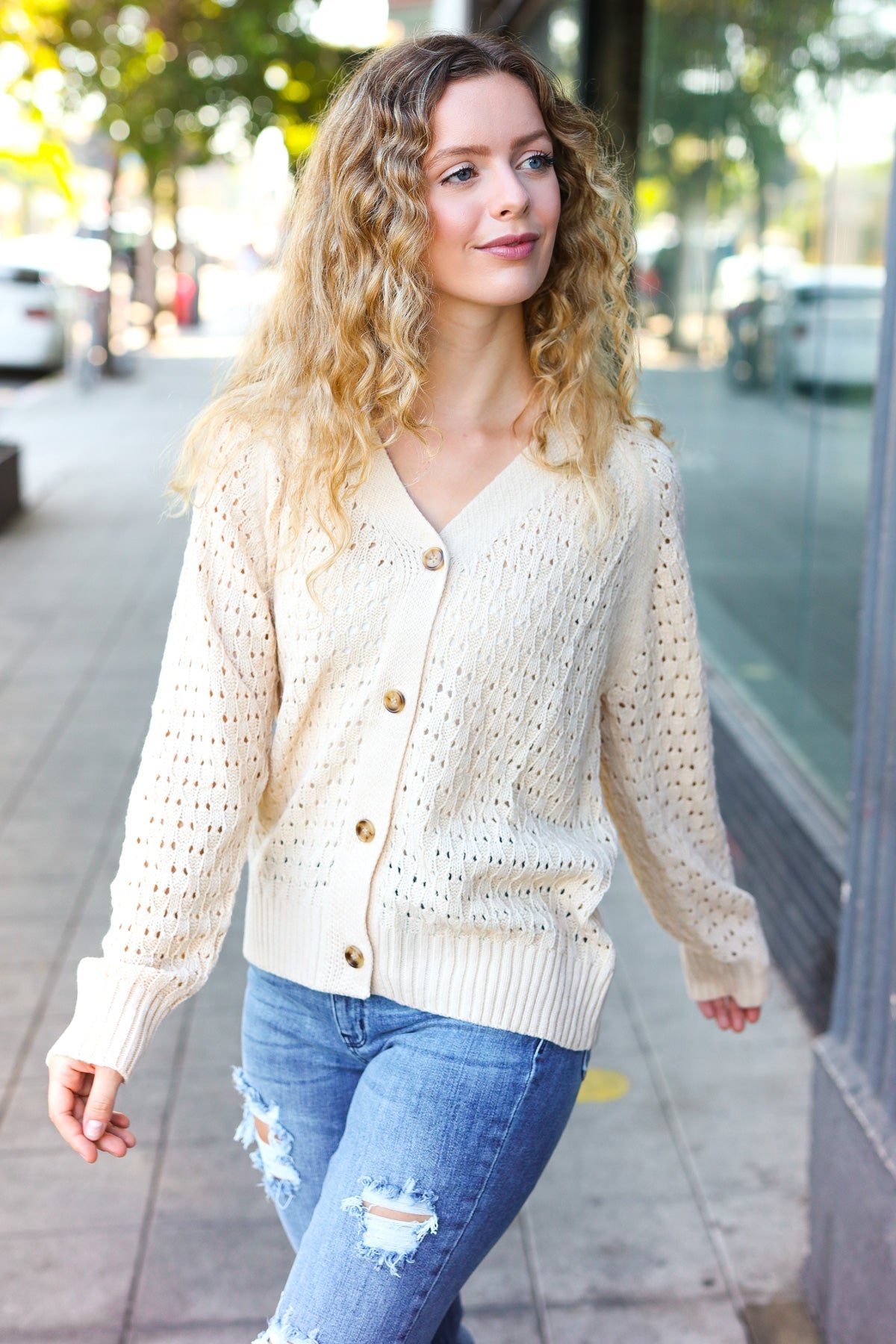Follow Me Oatmeal Pointelle Knit Button Down Cardigan - Cozy Women's Sweater for Fall & Winter | Perfect for Office, Date Night & Casual Outfits