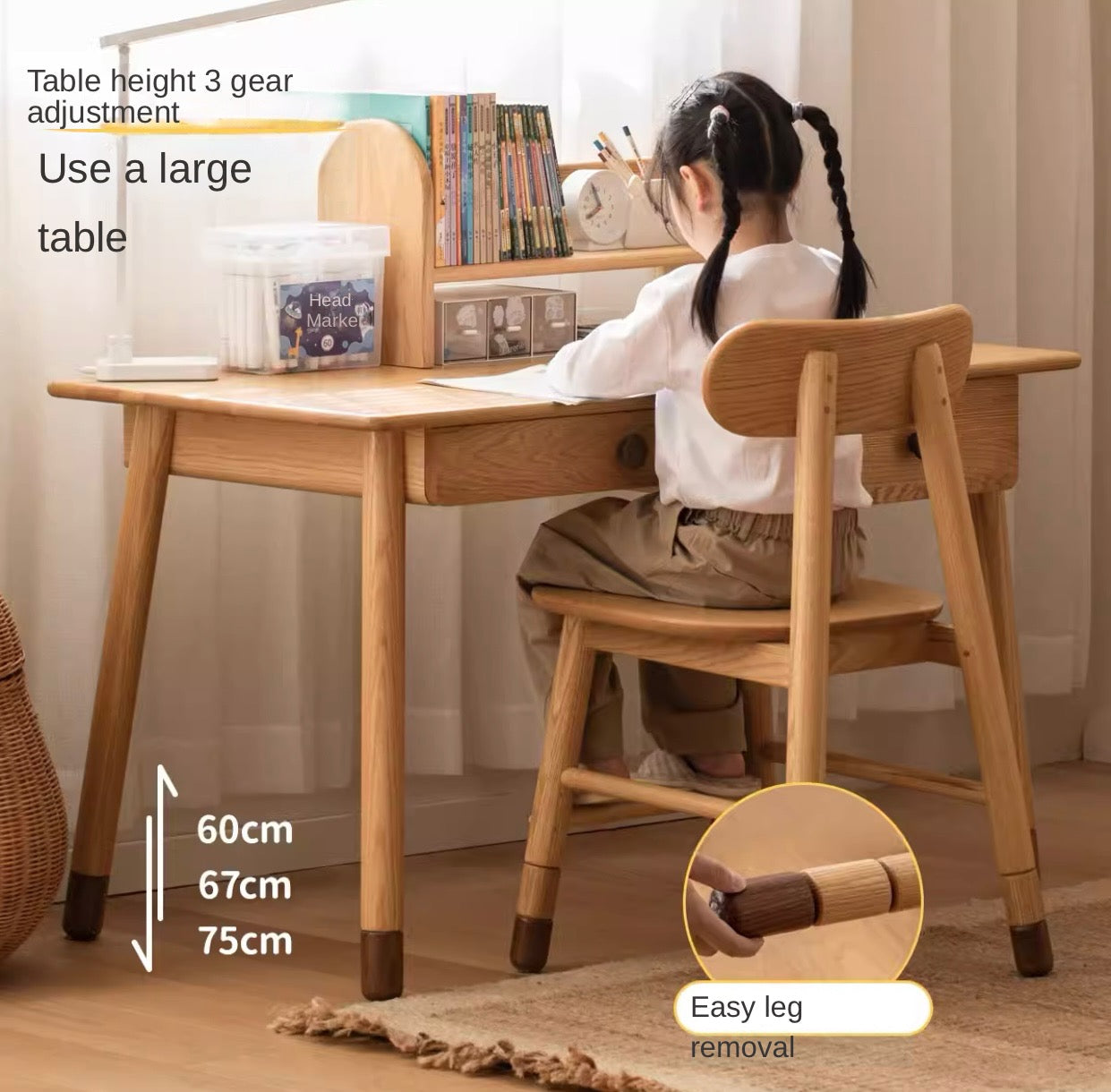 Solid Oak Adjustable Study Desk for Kids - Sturdy Kraft Table with Height Adjustment - Perfect for Homework, Drawing & Online Learning