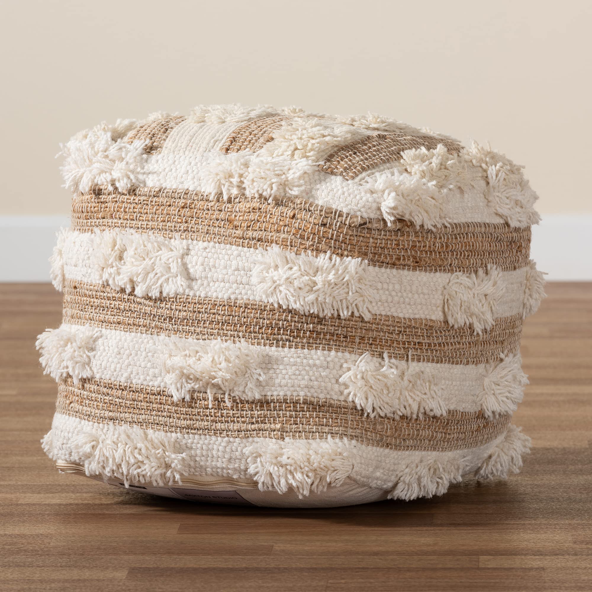 Baxton Studio Basque Modern Moroccan Inspired Handwoven Wool Blend Pouf Ottoman - Natural & Ivory - Perfect for Living Room, Bedroom, or Office Decor