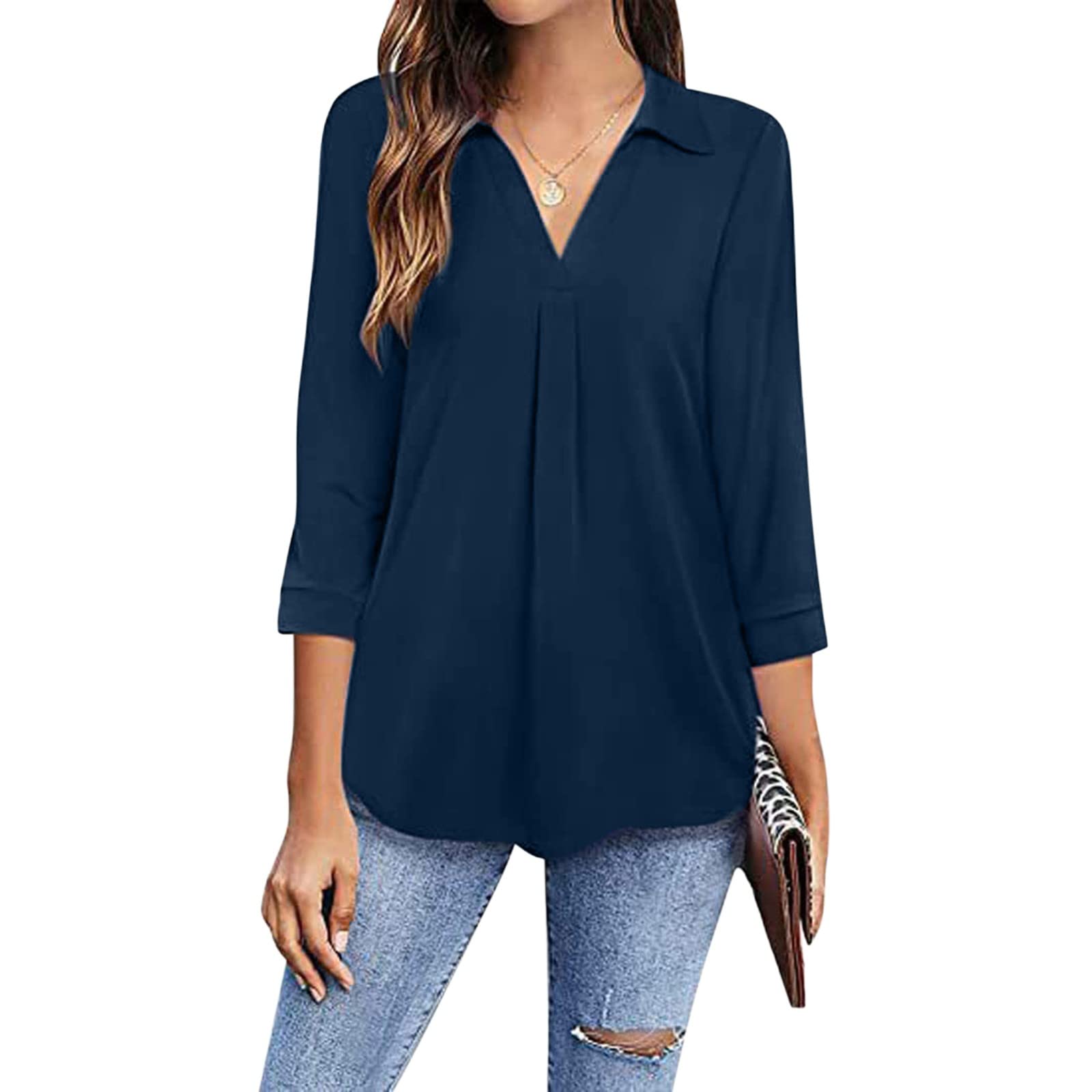 Women's V-Neck 3/4 Sleeve Blouse - Collared Business Casual Work Shirt for Office & Professional Wear | Elegant Dressy Tops for Ladies
