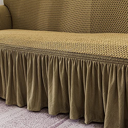 Elegant Turkish Style Stretch Loveseat Sofa Slipcover with Skirt - 1-Piece Soft Thick Checked Couch Cover, Non-Slip Washable Furniture Protector for Living Room, Kids & Pets (Khaki, Medium) | Perfect for Home Decor, Pet Owners & Family Gatherings