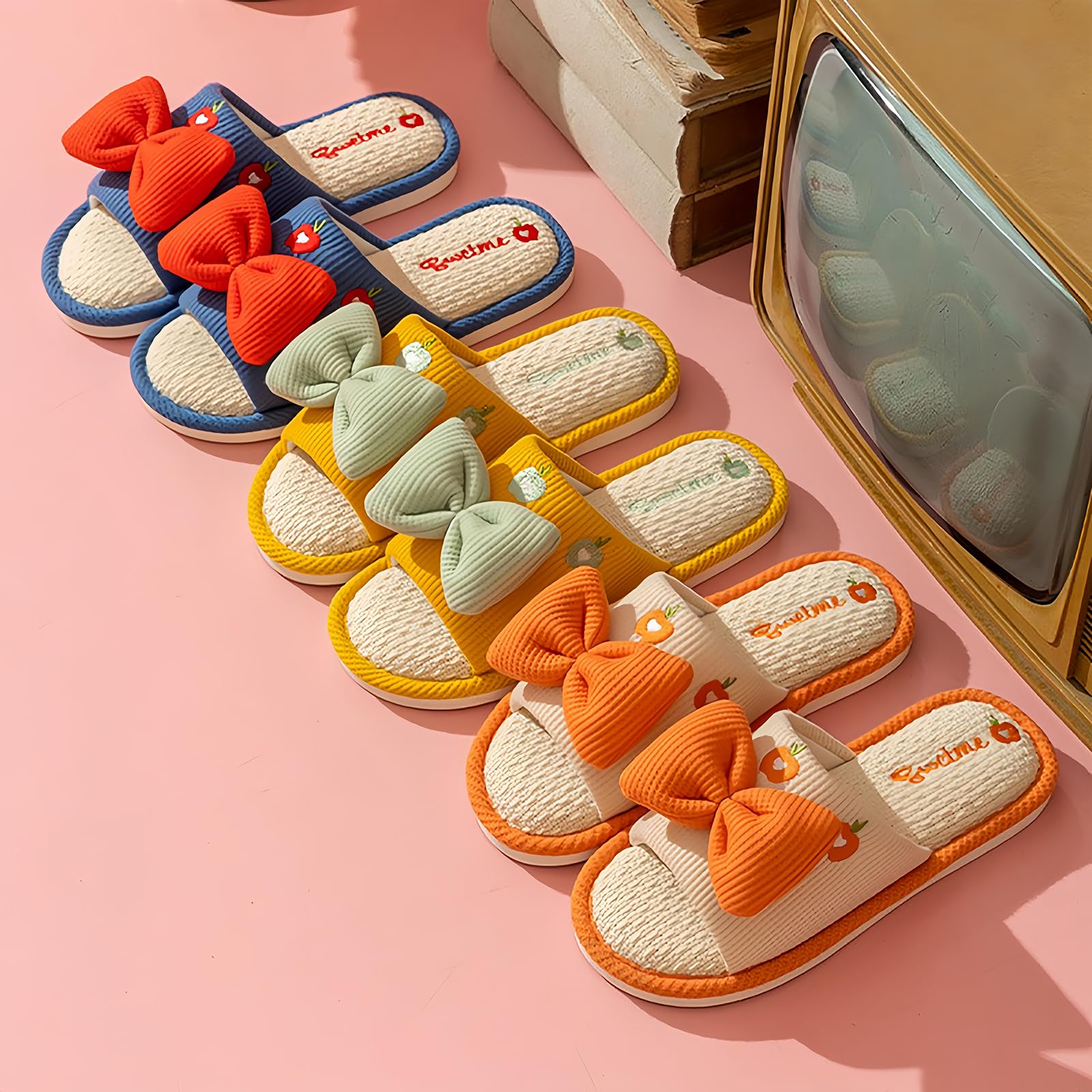 Comfortable Linen Slippers with Cute Bow & Non-Slip Thick Sole - Cozy Home Footwear for Women, Perfect for Indoor Relaxation and Lounging
