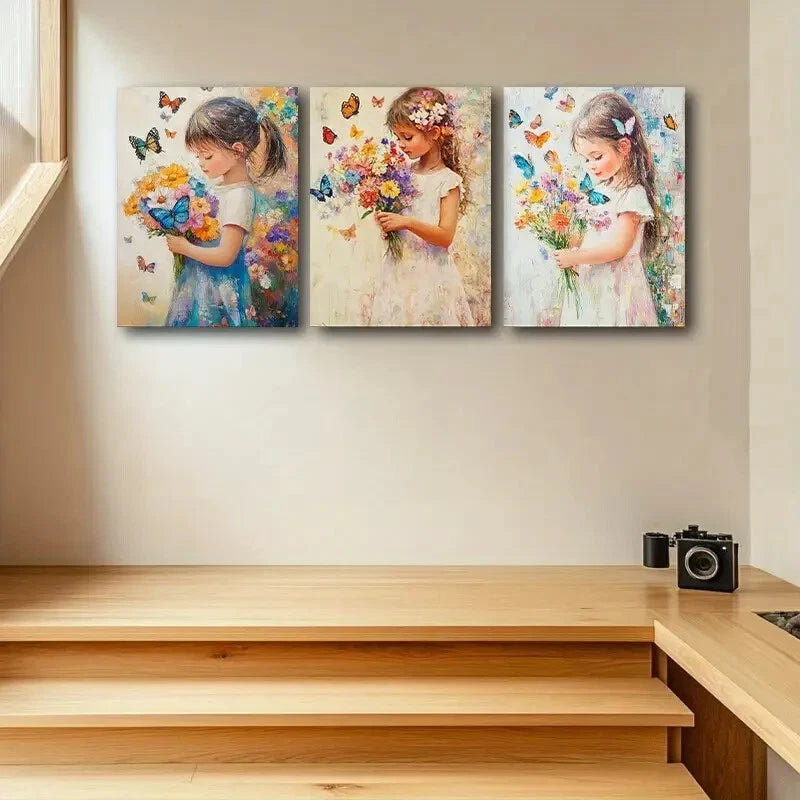 3-Piece Metal Wall Art Prints - Girl Holding Flowers Design, Ready to Hang Home Decor for Living Room, Bedroom & Office