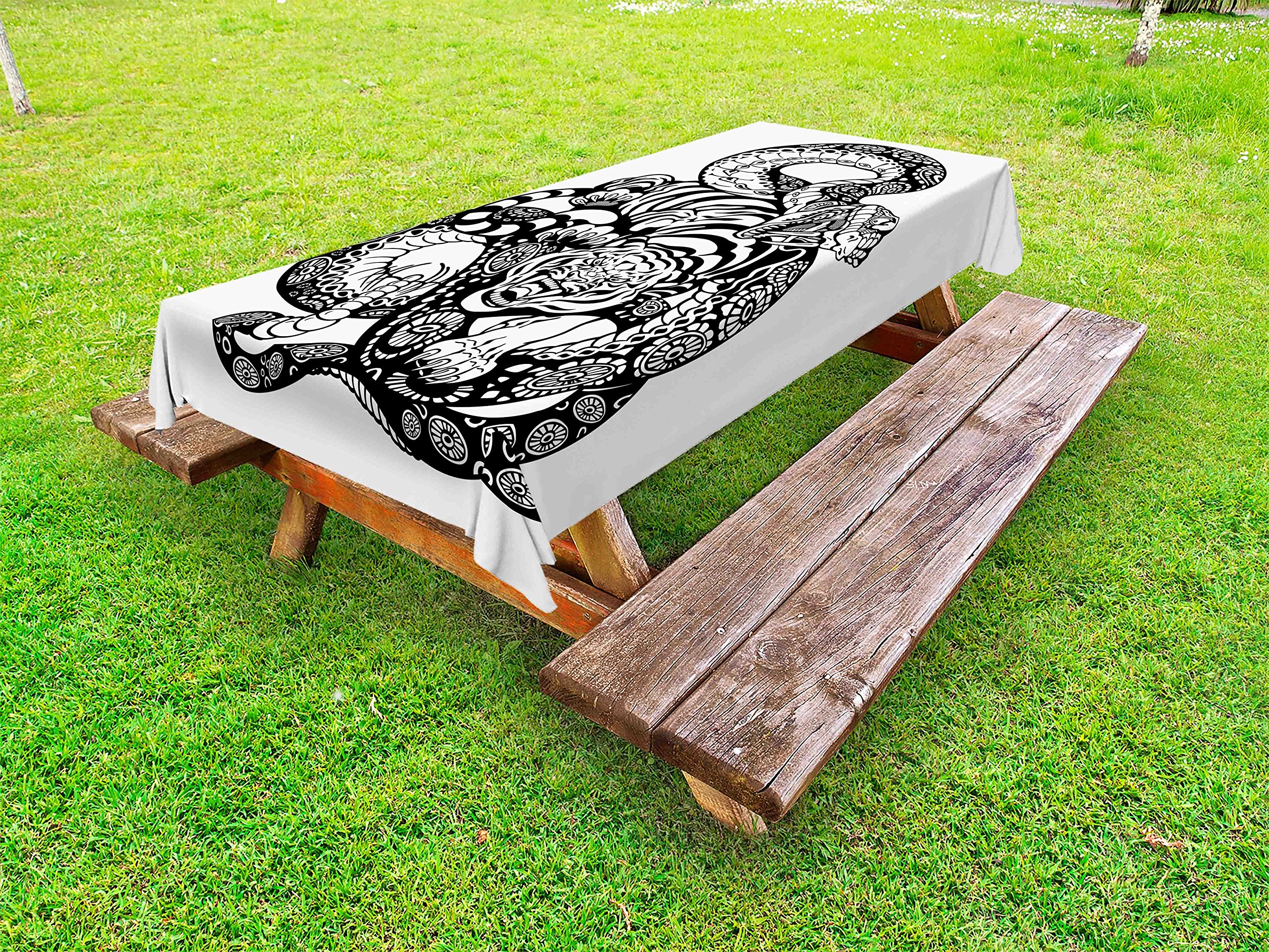 Ambesonne Tiger Outdoor Tablecloth - Tattoo Style Design with 2 Animals & Snake, Washable Picnic Table Cover 58x84 Inches, Black & White - Perfect for BBQs, Camping & Outdoor Dining