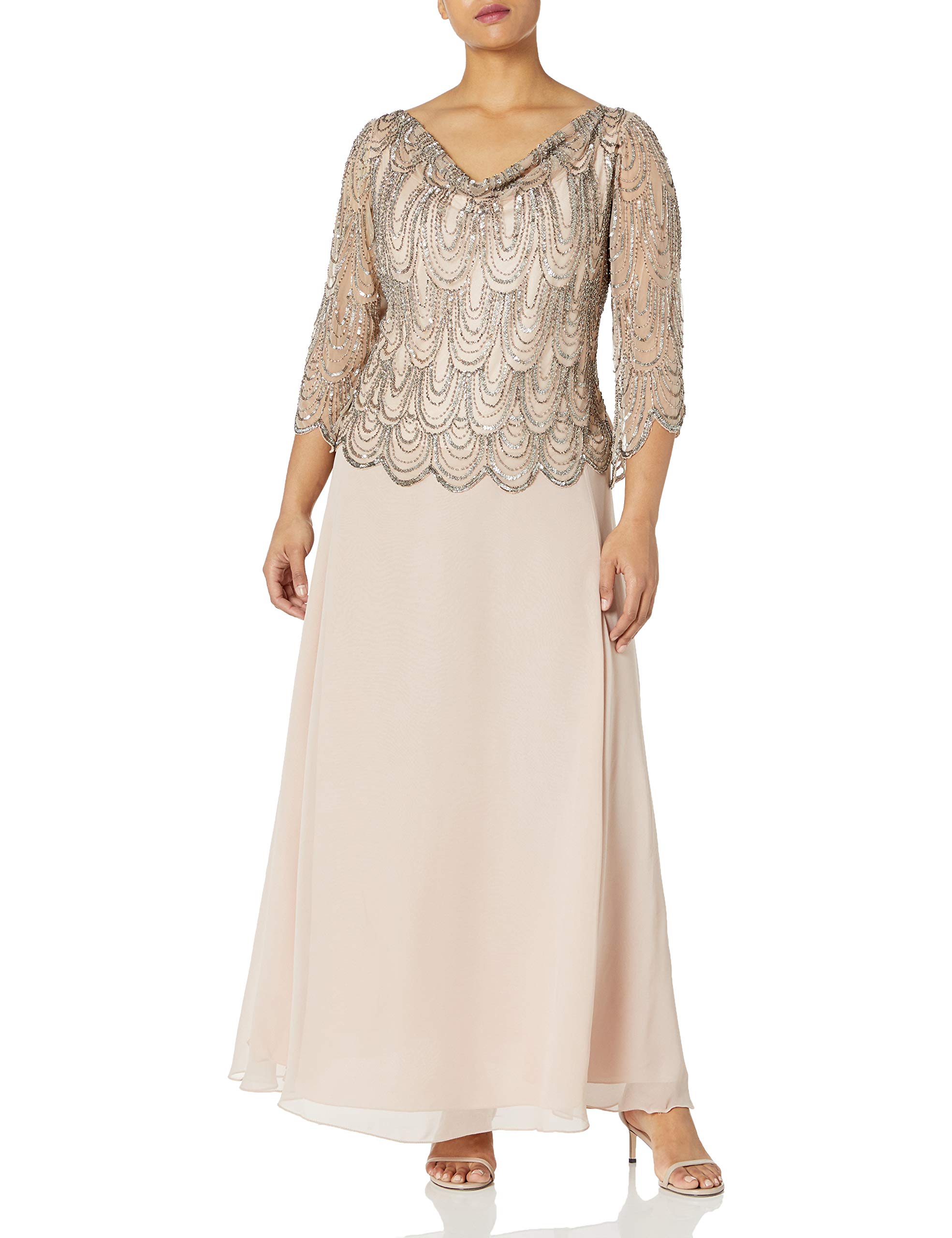 J Kara Women's Plus Size 3/4 Sleeve Scallop Beaded Pop Over Gown - Elegant Evening Dress for Weddings, Parties & Special Occasions