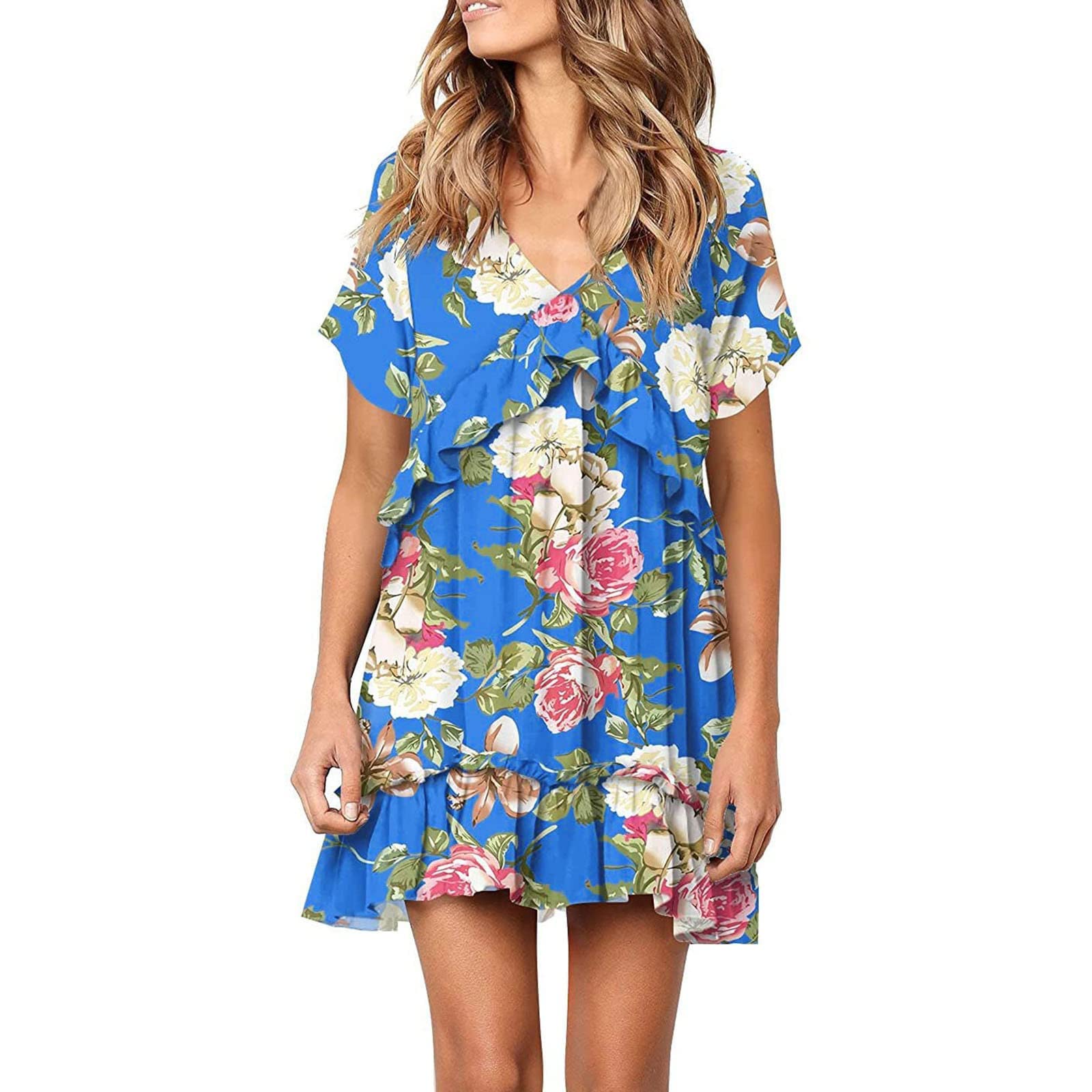 Vifucz Women's Hawaiian Print Beach Dress - Colorful Flowy Ruffle Sundress with Short Sleeves | Perfect for Summer Vacations, Pool Parties & Tropical Getaways