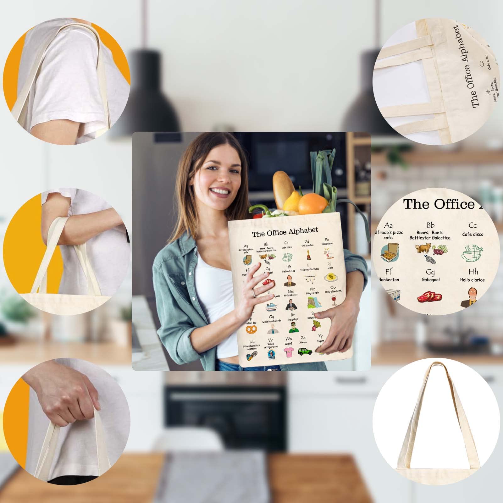 The Office Alphabet Tote Bag - Durable Canvas Reusable Grocery Bag for Fans | TV Show Merchandise Gift for Women & Office Workers | Perfect for Shopping, Travel, Work & Daily Commute - White