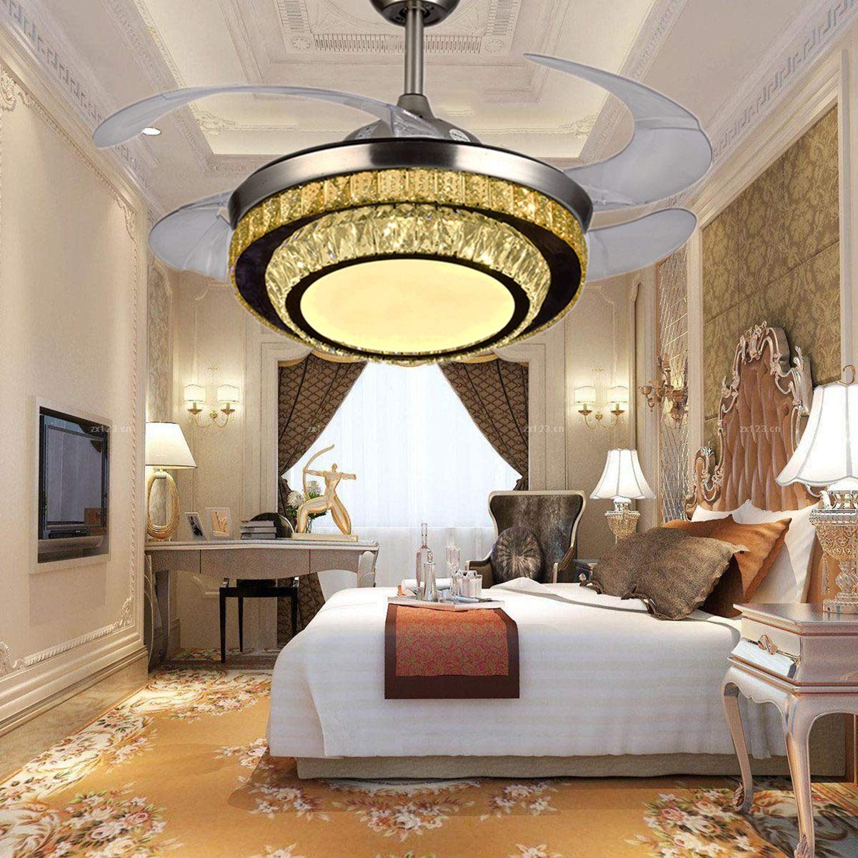 42 Inch Crystal Ceiling Fan with LED Light - Remote Control Retractable Blades, 3 Speed Settings & Color Changing Chandelier Fan for Bedroom, Living Room, Dining Room (Silver-Double) | Modern Cooling & Elegant Lighting Solution