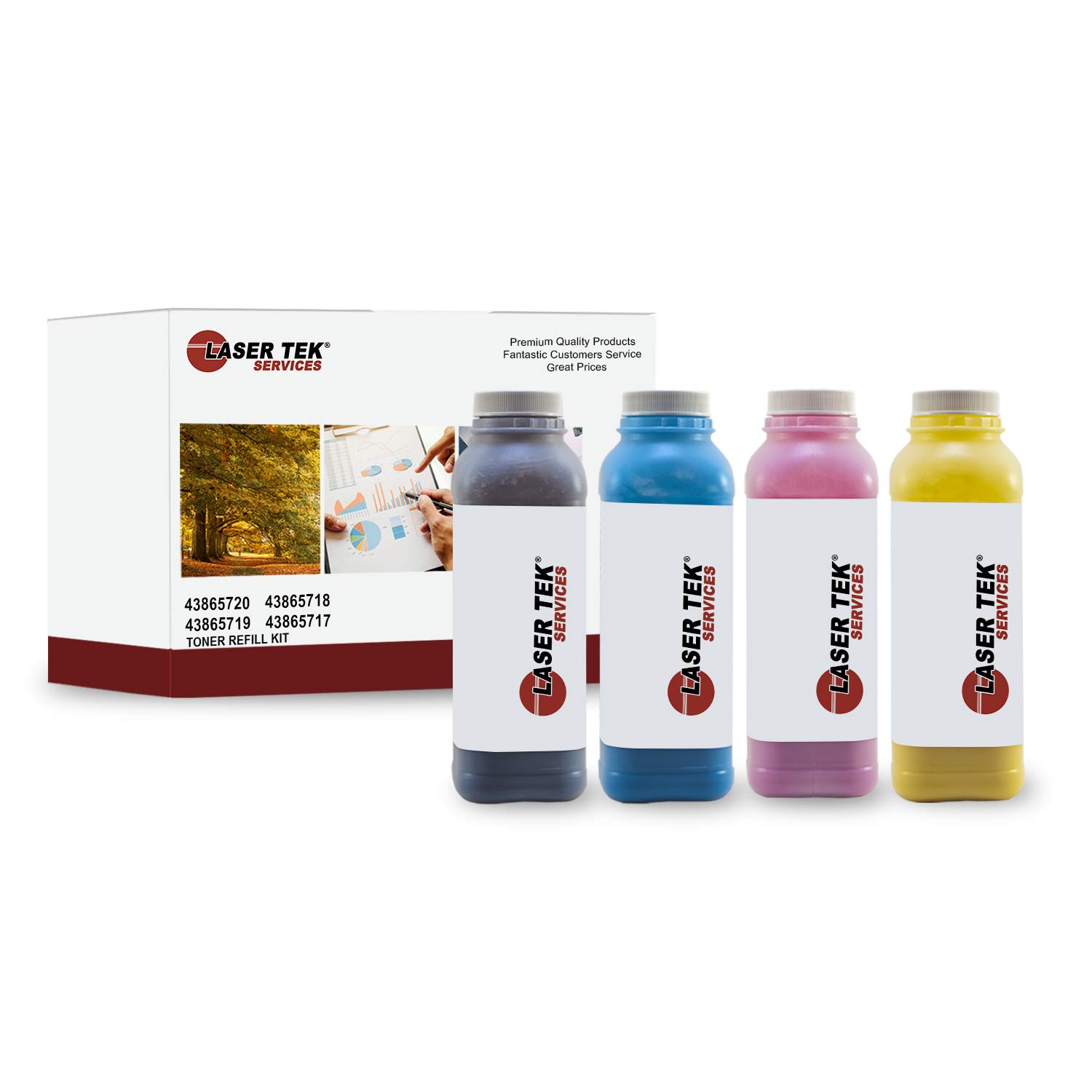 Laser Tek Services Compatible Toner Refill Kit for Okidata C6150 C6050 C6051 Printers - Black Cyan Magenta Yellow (4 Pack) | Replacement for 43865720 43865719 43865718 43865717 | Ideal for Office Printing & High Volume Documents