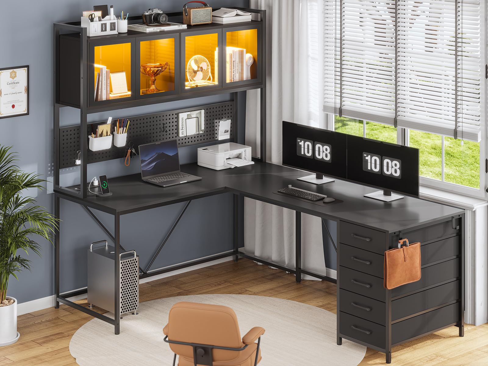 SEDETA L-Shaped Gaming Desk with Drawers, Hutch & Storage Shelves - Black Corner Computer Desk with Pegboard, LED Lights & Power Outlet for Home Office | Perfect for Gaming Setup, Workstation & Small Space Organization