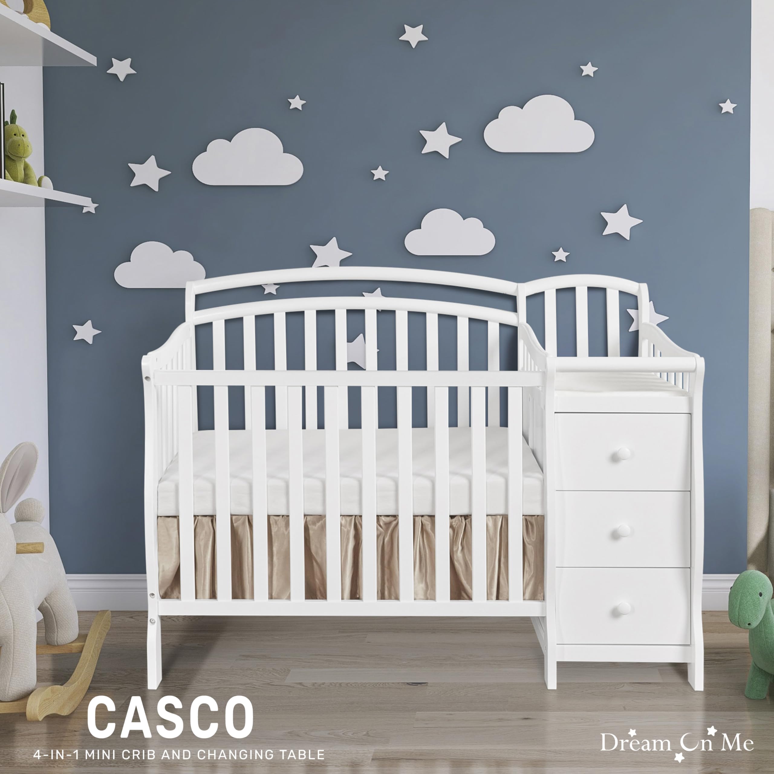 Dream On Me Casco 3-in-1 Convertible Mini Crib & Changing Table - White Pinewood Baby Crib with 3 Adjustable Mattress Heights | Nursery, Bedroom & Travel Use