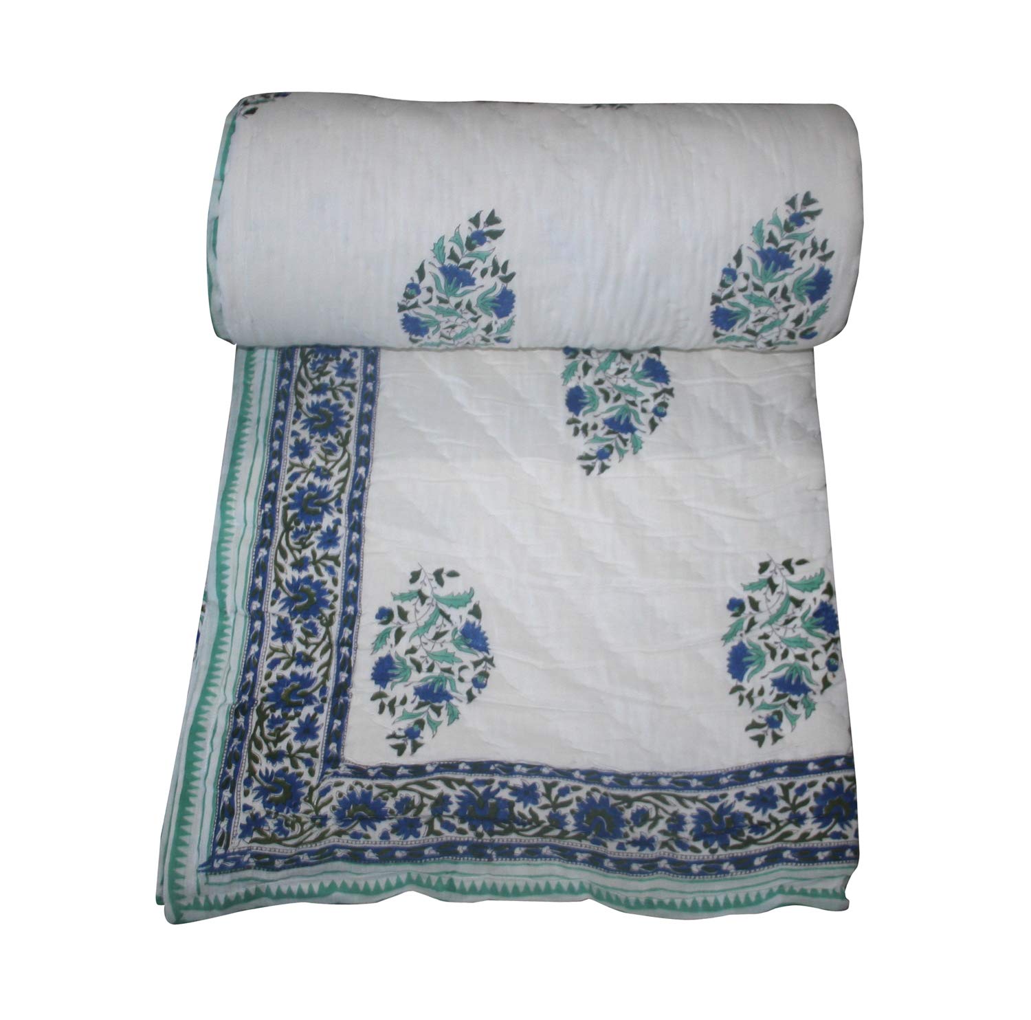 Handmade Indian Block Print Kantha Quilt - 100% Pure Cotton Jaipuri Throw Blanket (108x108 Inches King Size) - Perfect for Bedding, Sofa Decor & Boho Home Styling