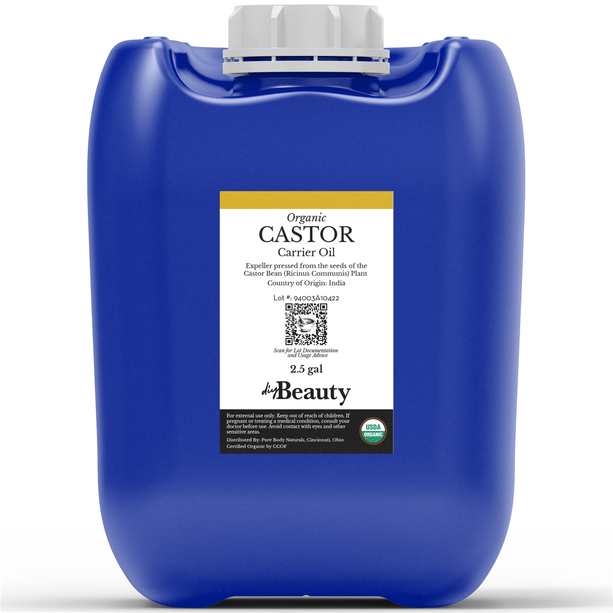 Organic Castor Oil Bulk 2.5 Gallon - USDA Certified, Unrefined & Cold Pressed - 100% Pure Natural Hair Growth Oil for Eyelashes, Eyebrows & Scalp - Skin Moisturizer & Massage Oil - Perfect for DIY Beauty, Hair Care & Aromatherapy