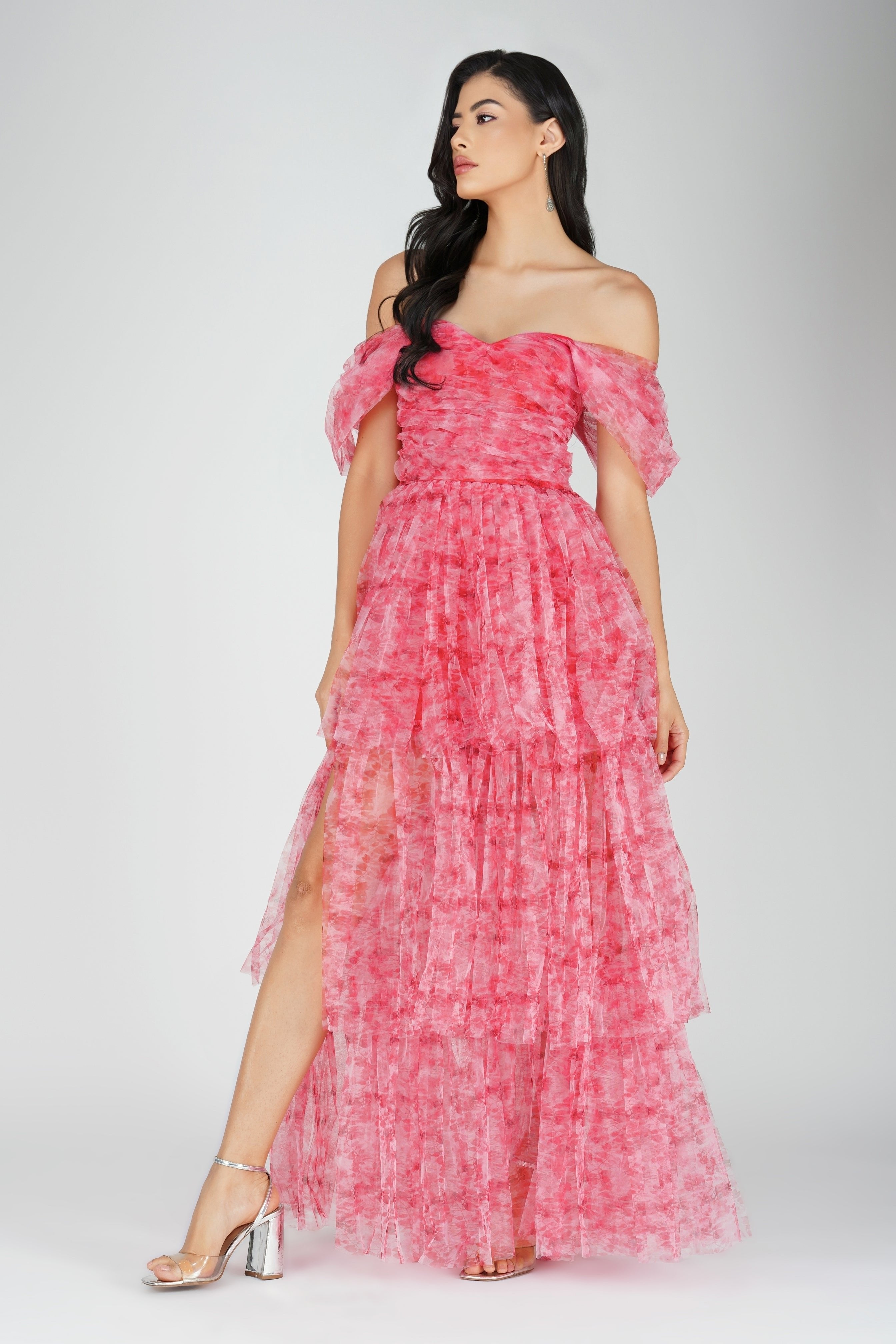 Elegant Sydney Tulle Maxi Dress in Red Print - Perfect for Weddings, Parties & Special Occasions