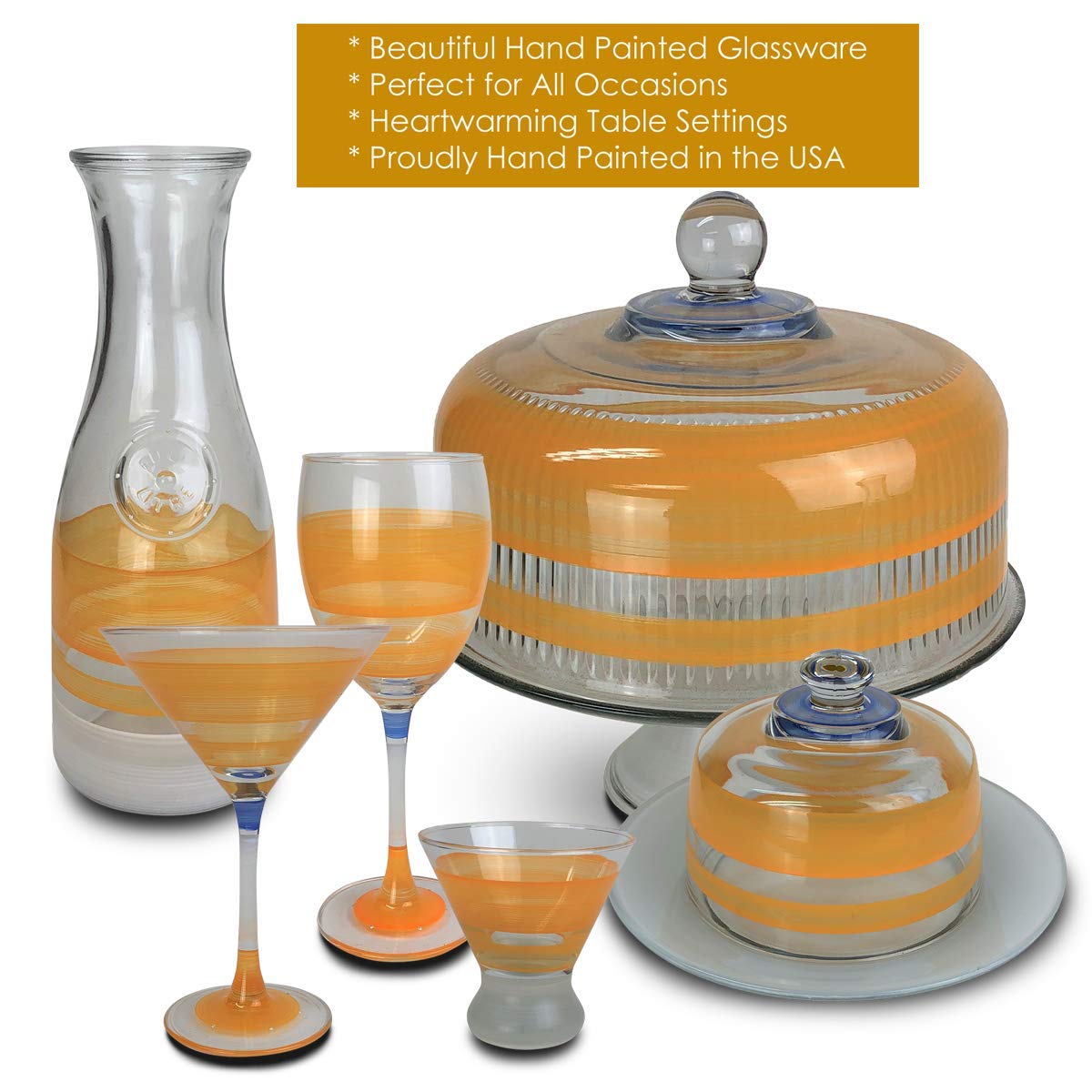 Set of 2 Orange Retro Stripe Hand Painted Margarita Glasses - 12oz Cocktail Cups for Summer Parties, Beach Bars & Mexican Themed Decor