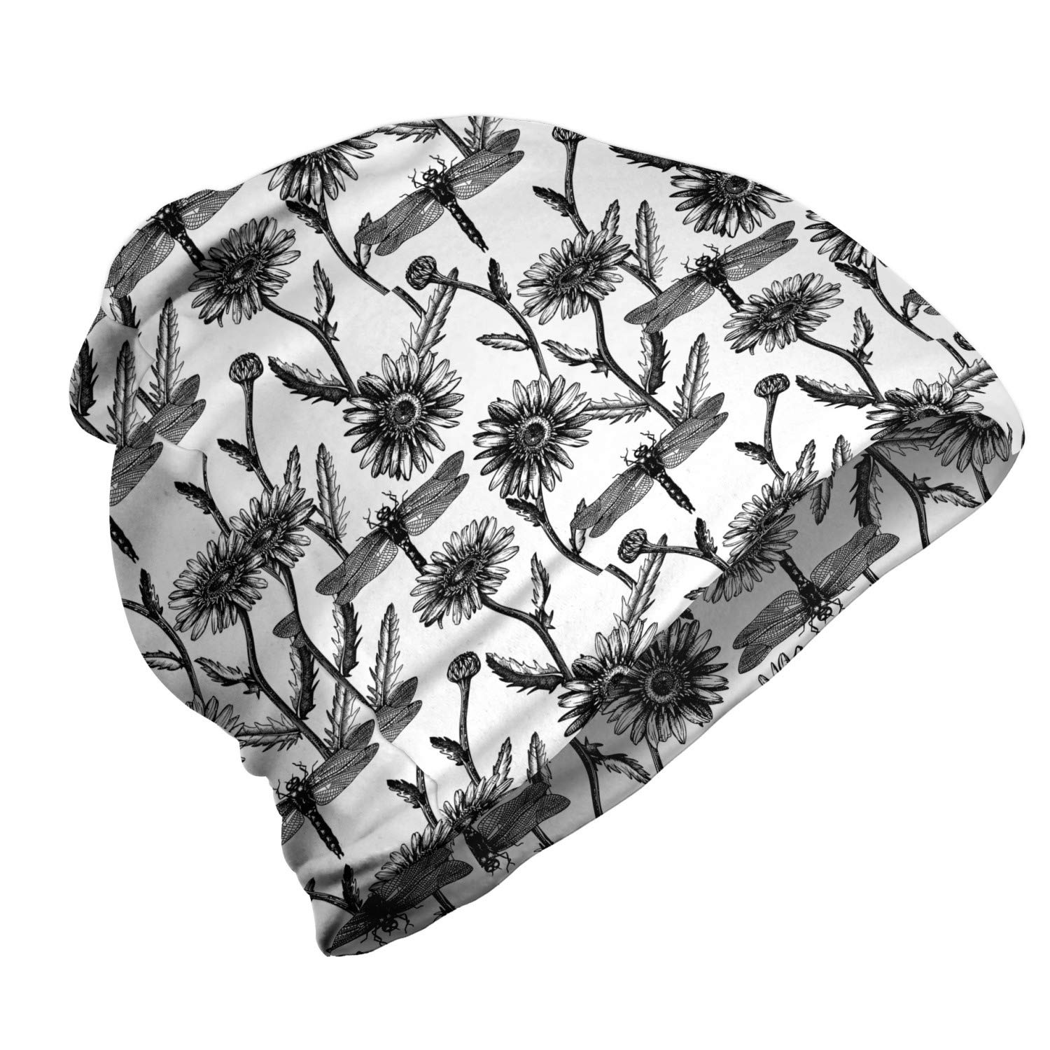Ambesonne Unisex Beanie with Plants and Dragonflies Design - Warm Winter Knit Hat for Men & Women - Perfect for Hiking, Camping, and Outdoor Activities