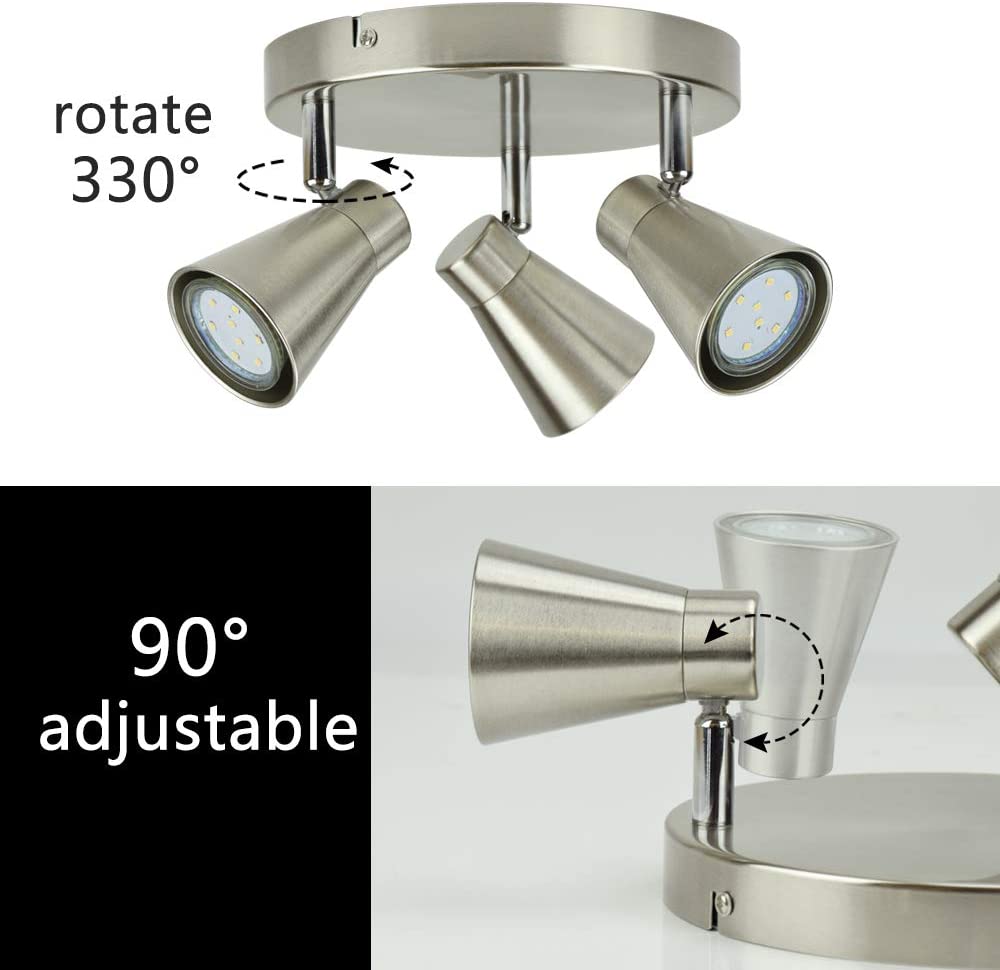 Depuley Adjustable 3-Way Round Ceiling Spotlight - Brushed Nickel Finish with Warm White GU10 Bulbs Included - Perfect for Kitchen, Bedroom, Dining Room & Office Lighting