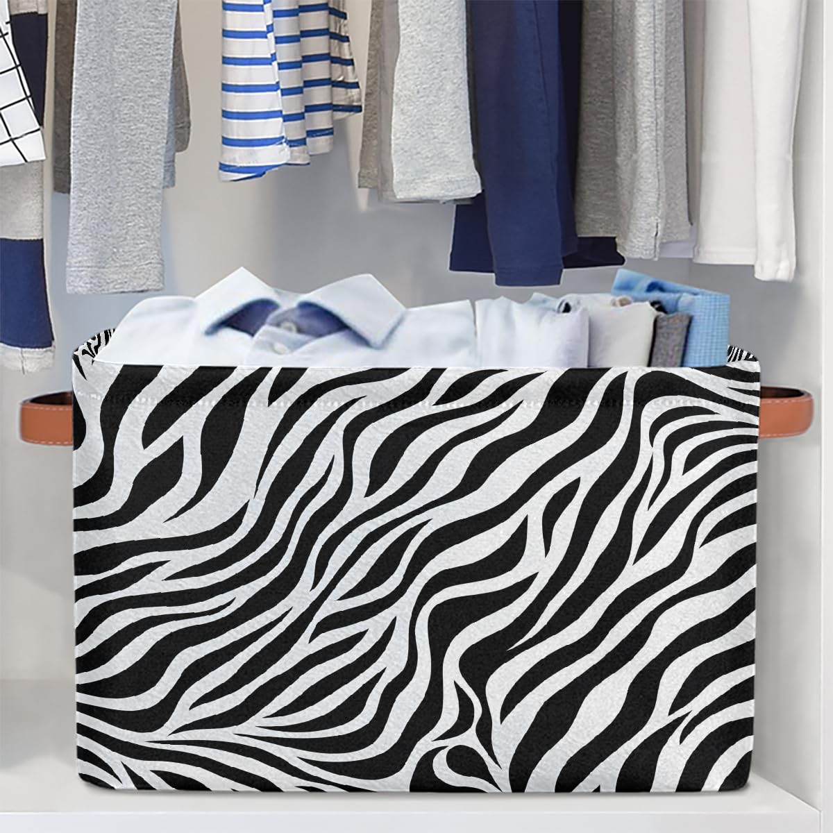 Zebra Print Foldable Storage Baskets with Handles - 2 Pack Decorative Storage Bins for Shelves, Home Organization | Perfect for Bedroom Closet, Bathroom & Laundry Room Storage