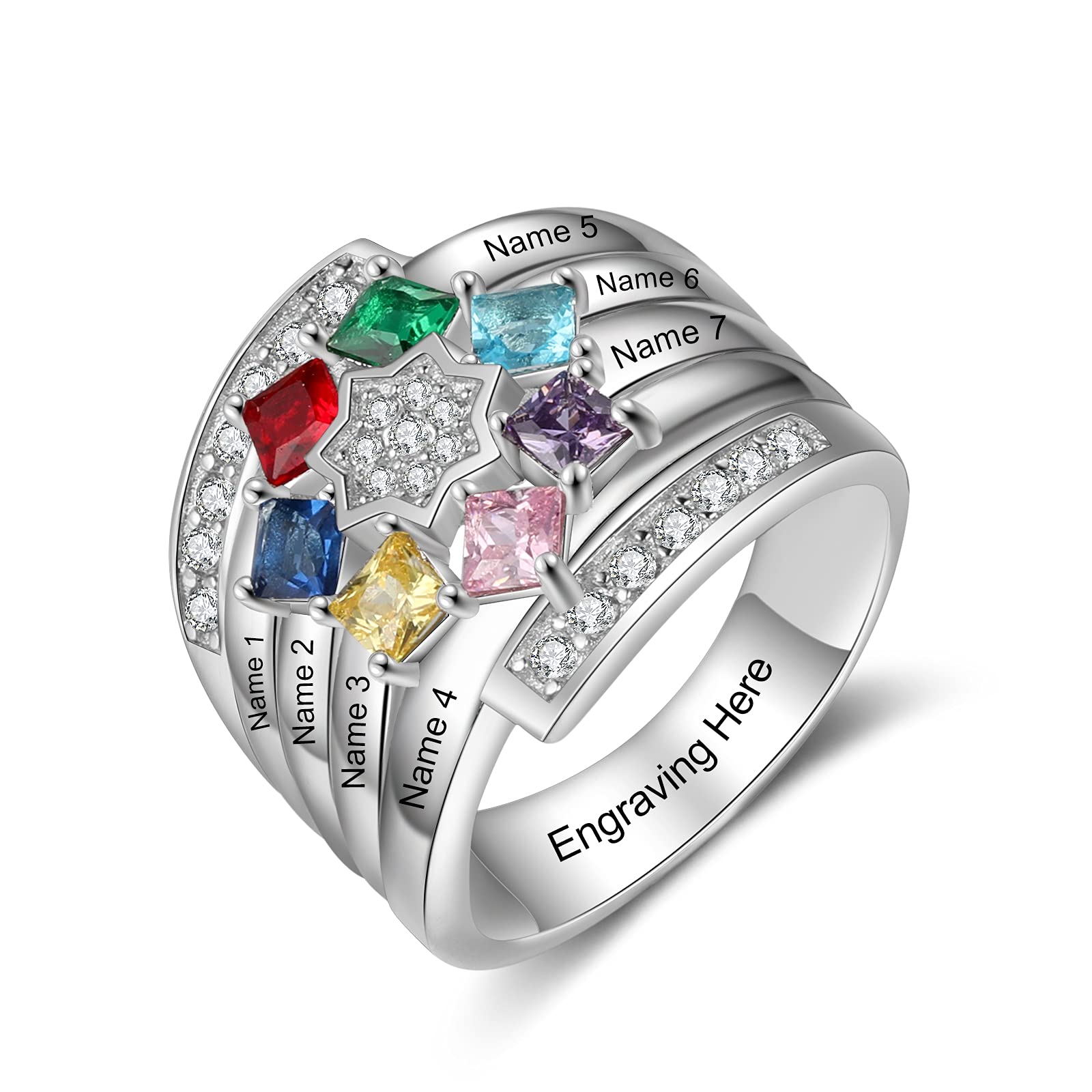 Personalized Grandma Rings with 7 Simulated Birthstones - Custom Engraved 7 Names Family Jewelry for Women - Mother Daughter Promise Rings - Perfect Gift for Birthday, Mother's Day & Family Reunions