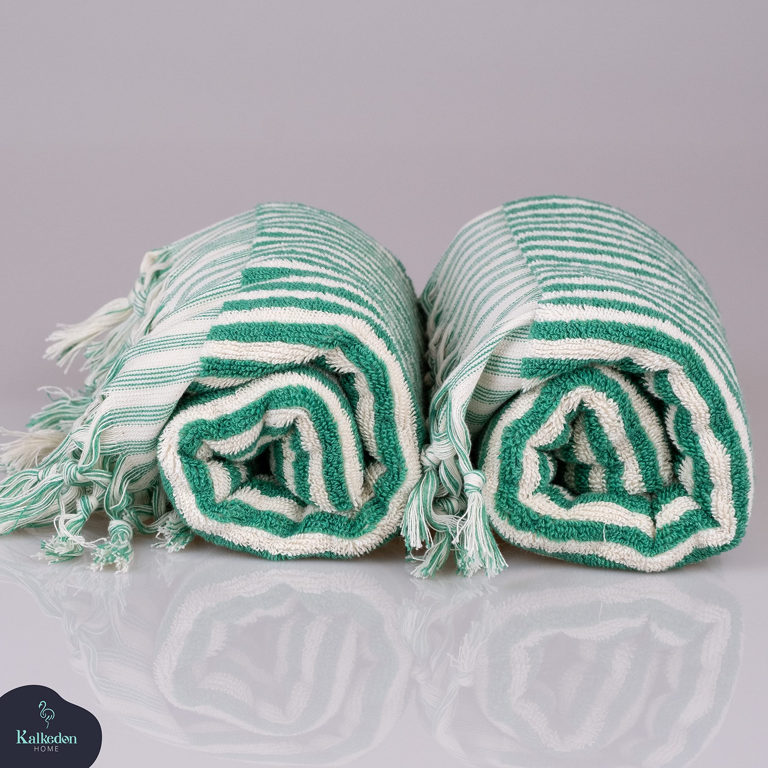 Premium Organic Turkish Cotton Striped Bath and Hand Towels Set of 2 | Ultra Soft, Plush & Highly Absorbent | Luxury Bathroom Towels for Spa, Guest Room & Beach Use (Benetton Green)