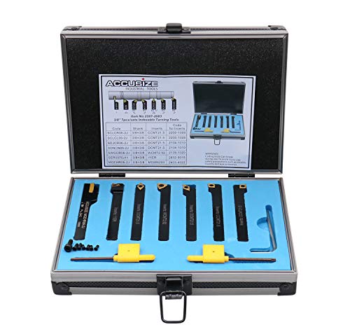 Accusize Industrial Tools 3/8'' Shank 7-Piece Indexable Carbide Turning Tool Set in Fitted Box (2387-2003) - Perfect for Metal Lathe Turning, Facing & Grooving Operations