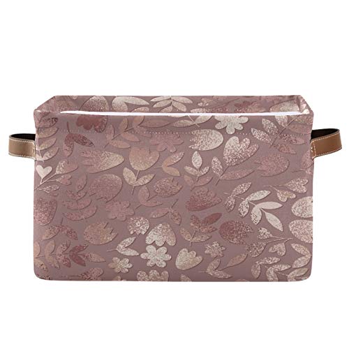 Floral Rose Gold Collapsible Storage Basket with PU Handles - Waterproof Nursery & Laundry Organizer (2 Pack) - Perfect for Home, Bathroom, Closet & Baby Room Organization