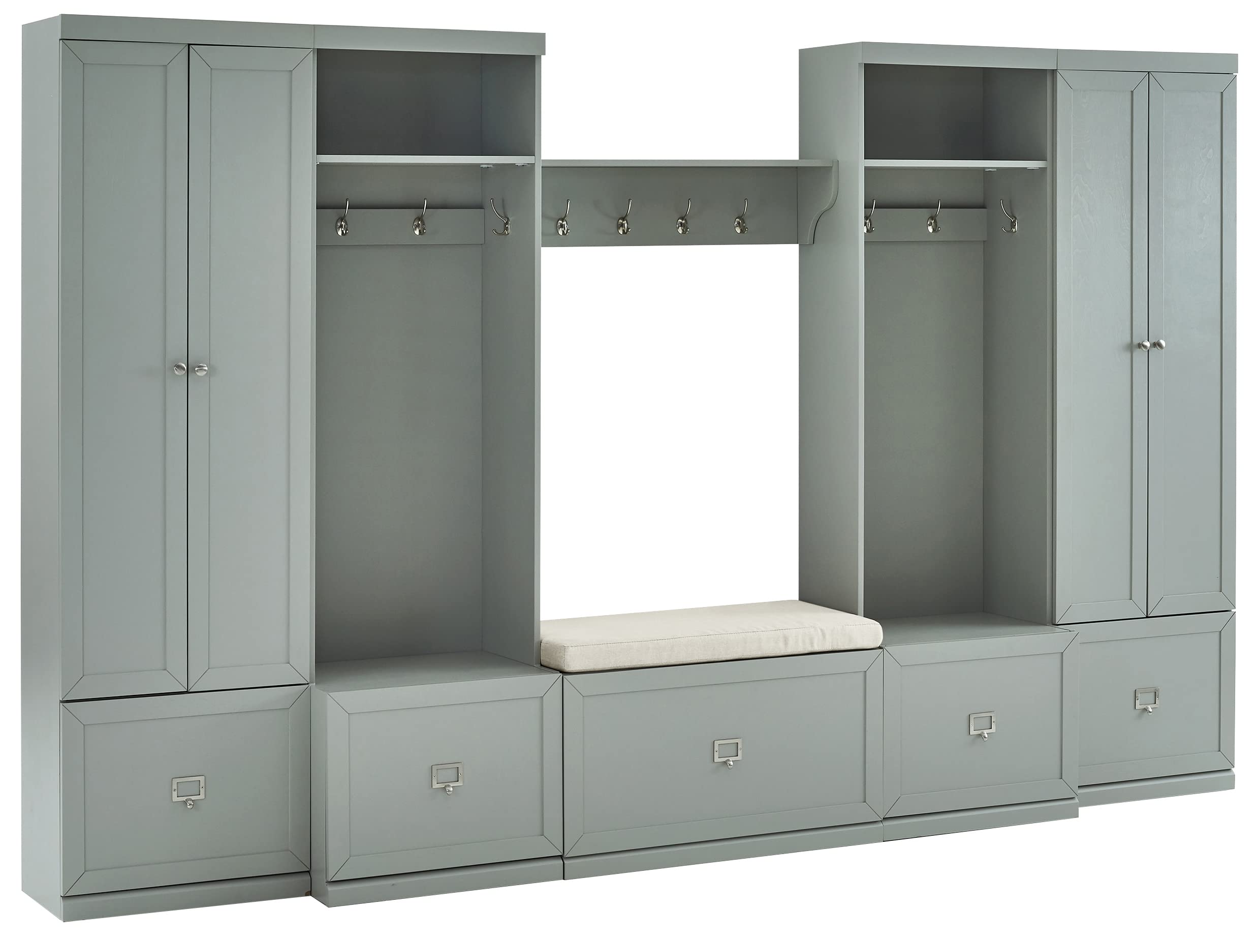 Crosley Furniture Harper 6-Piece Entryway Set with Bench, Shelf, 2 Pantry Closets & 2 Hall Trees in Gray - Perfect for Foyer, Mudroom & Home Organization Storage