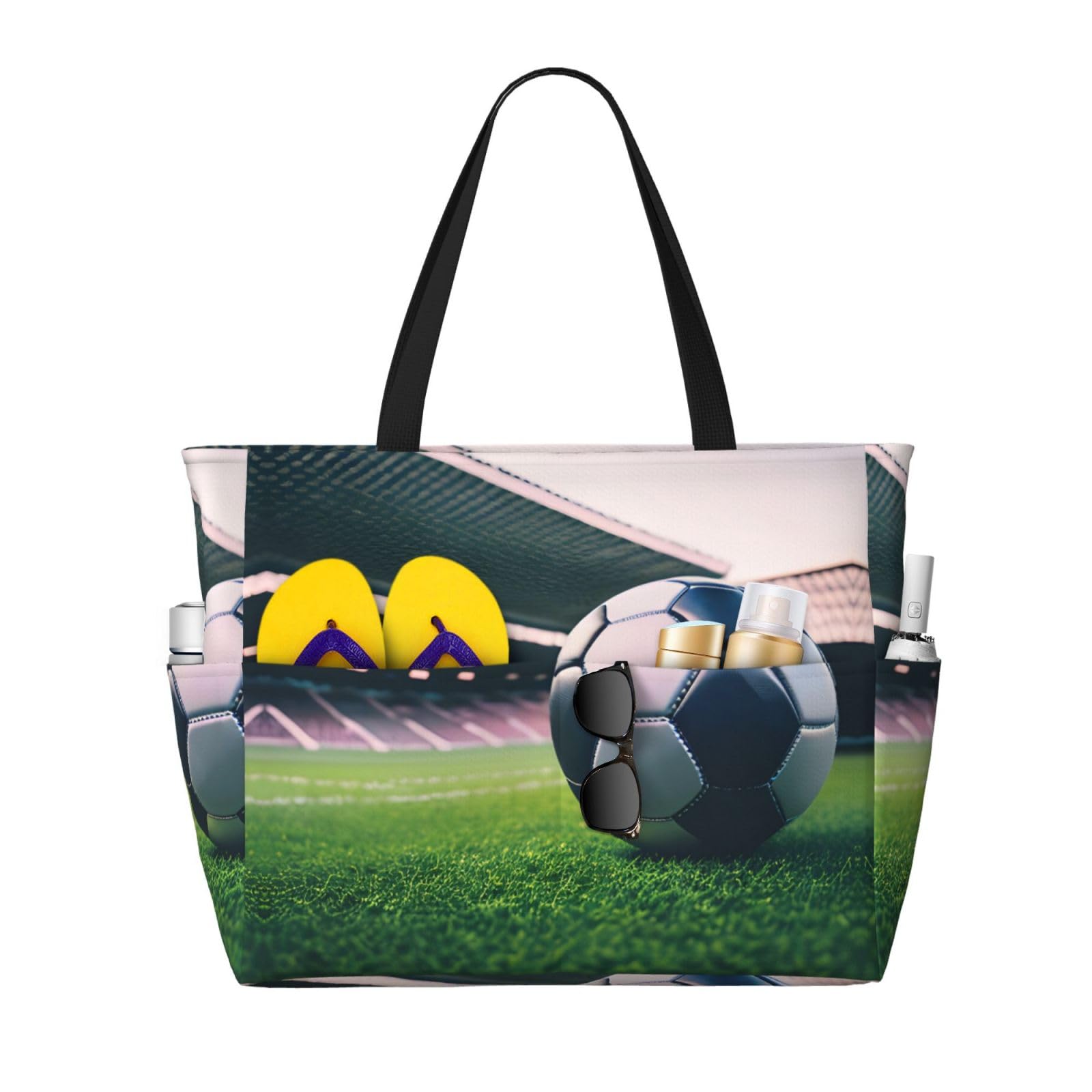 NOUZU Soccer Print Beach Tote - Large Women's Travel Bag for Beach & Gym - Black