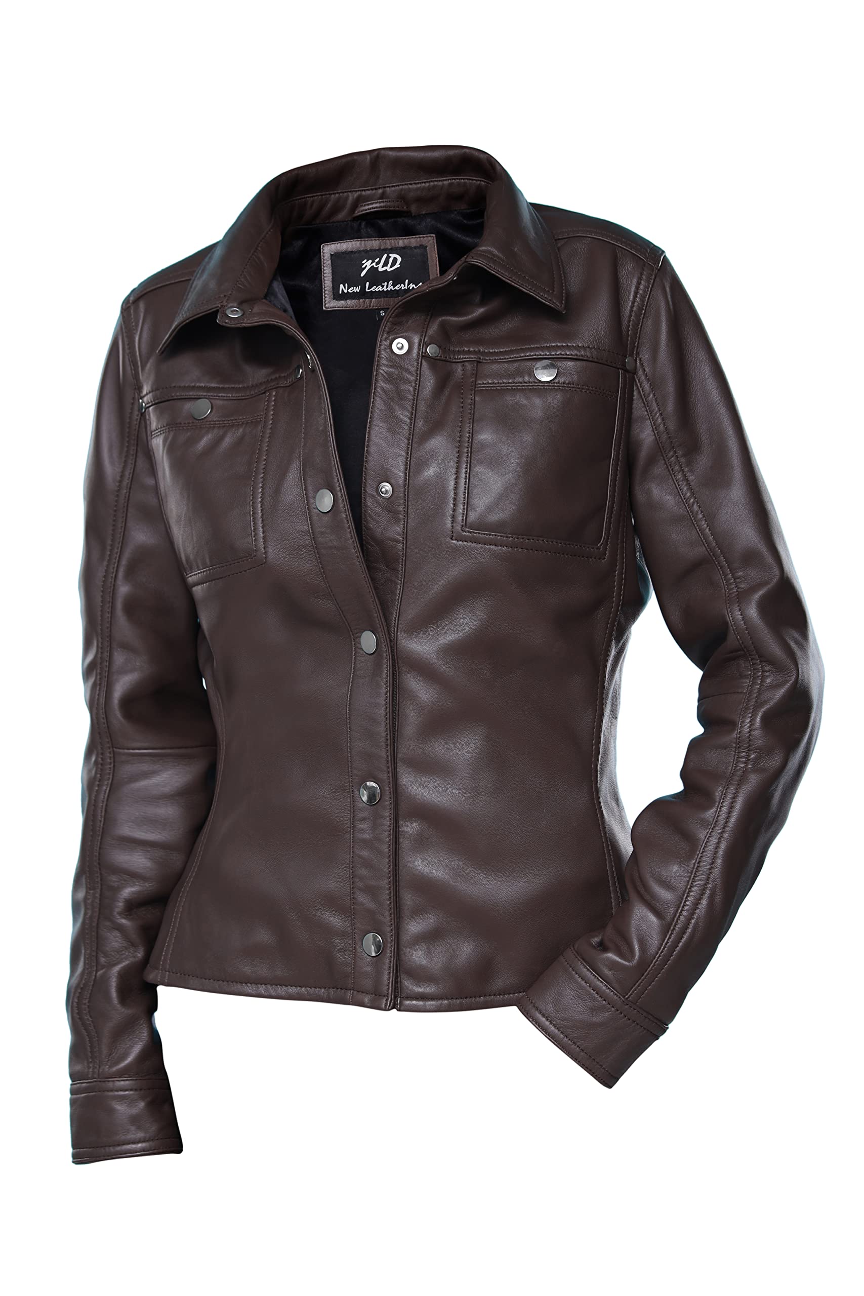 Jild Women's Button Front Lambskin Leather Jacket Shacket - Long Sleeve Casual Shirt Jacket with Bust Pocket | Perfect for Fall Layering, Date Nights & Office Wear