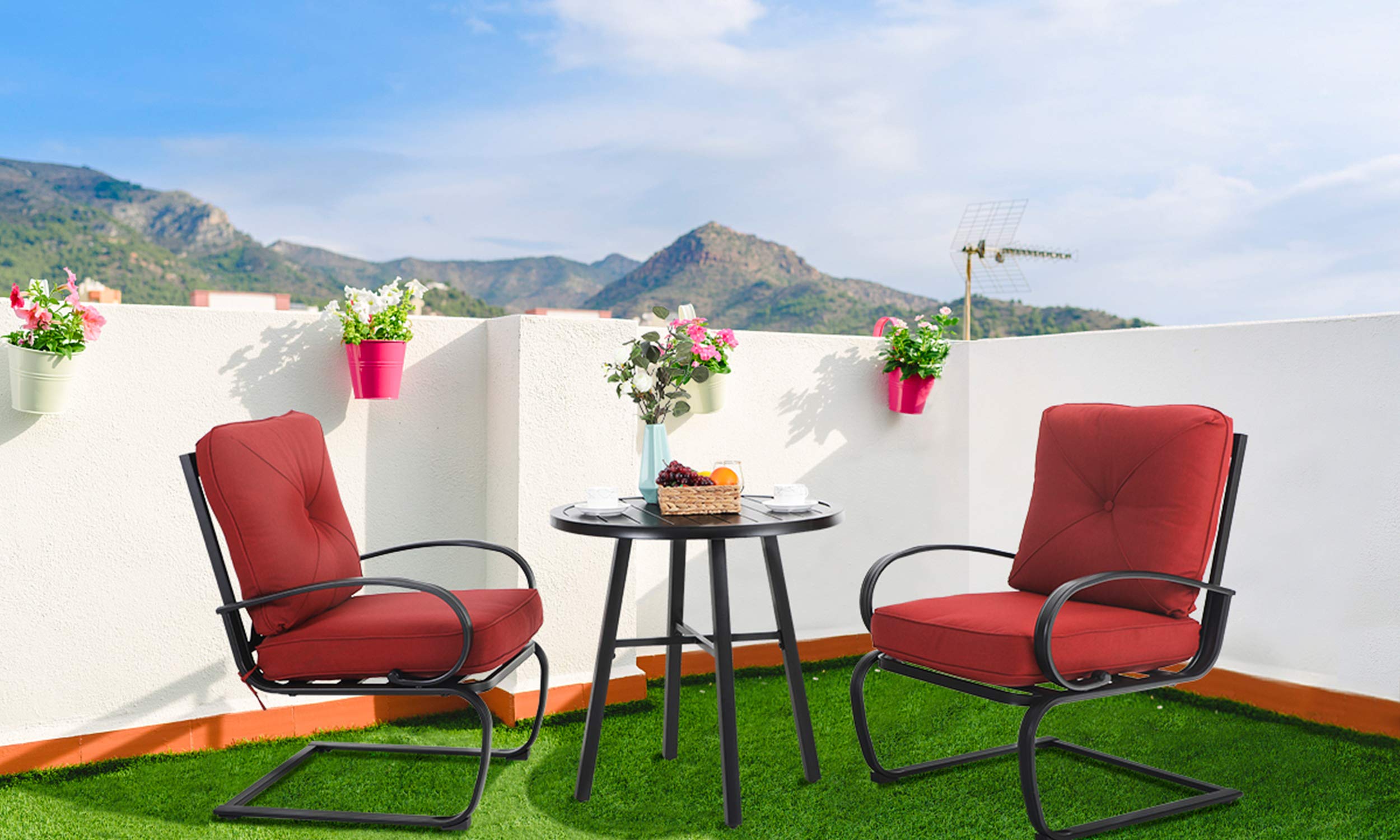 MFSTUDIO 3-Piece Patio Bistro Set - Outdoor Dining Furniture with 2 Spring Motion Chairs & 1 Metal Coffee Table - Burgundy Red Garden Conversation Set for Backyard, Lawn, Deck or Poolside Relaxation