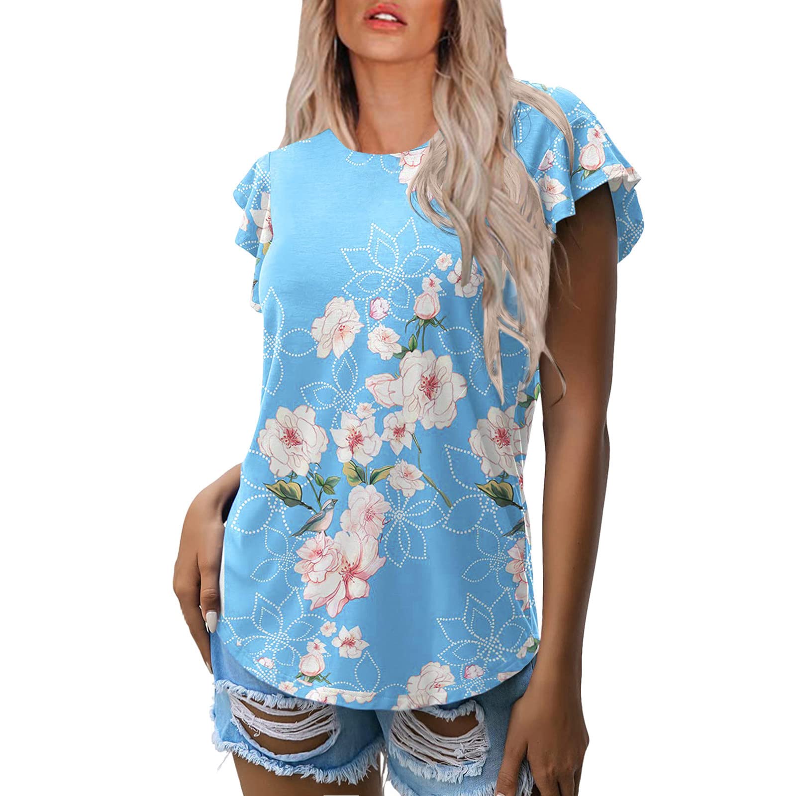 Women's Fashion Casual Ruffle Sleeve Blouse - Summer Cute Print O-Neck Top for Women | Perfect for Office, Date Night & Weekend Outfits