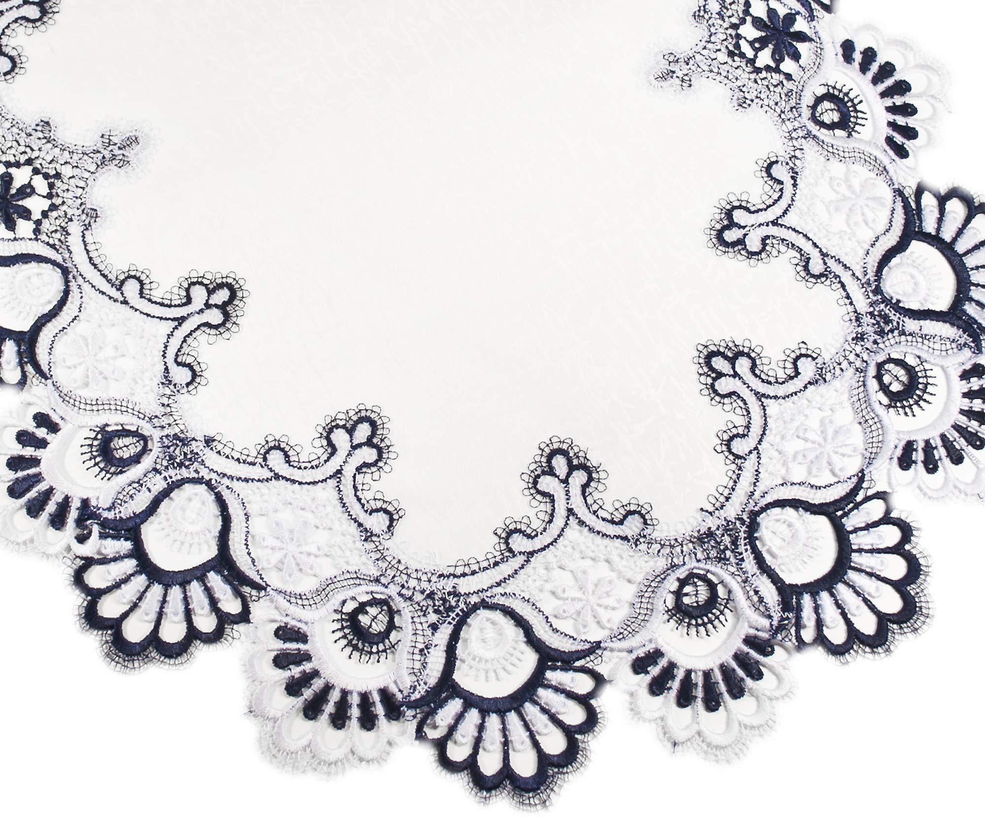White Navy Blue Jacquard Peacock Tail Lace Dresser Scarf - Elegant Table Runner for Coffee Table, Dining Table, or Dresser (16x35 Inches) - Perfect for Home Decor, Weddings & Special Occasions