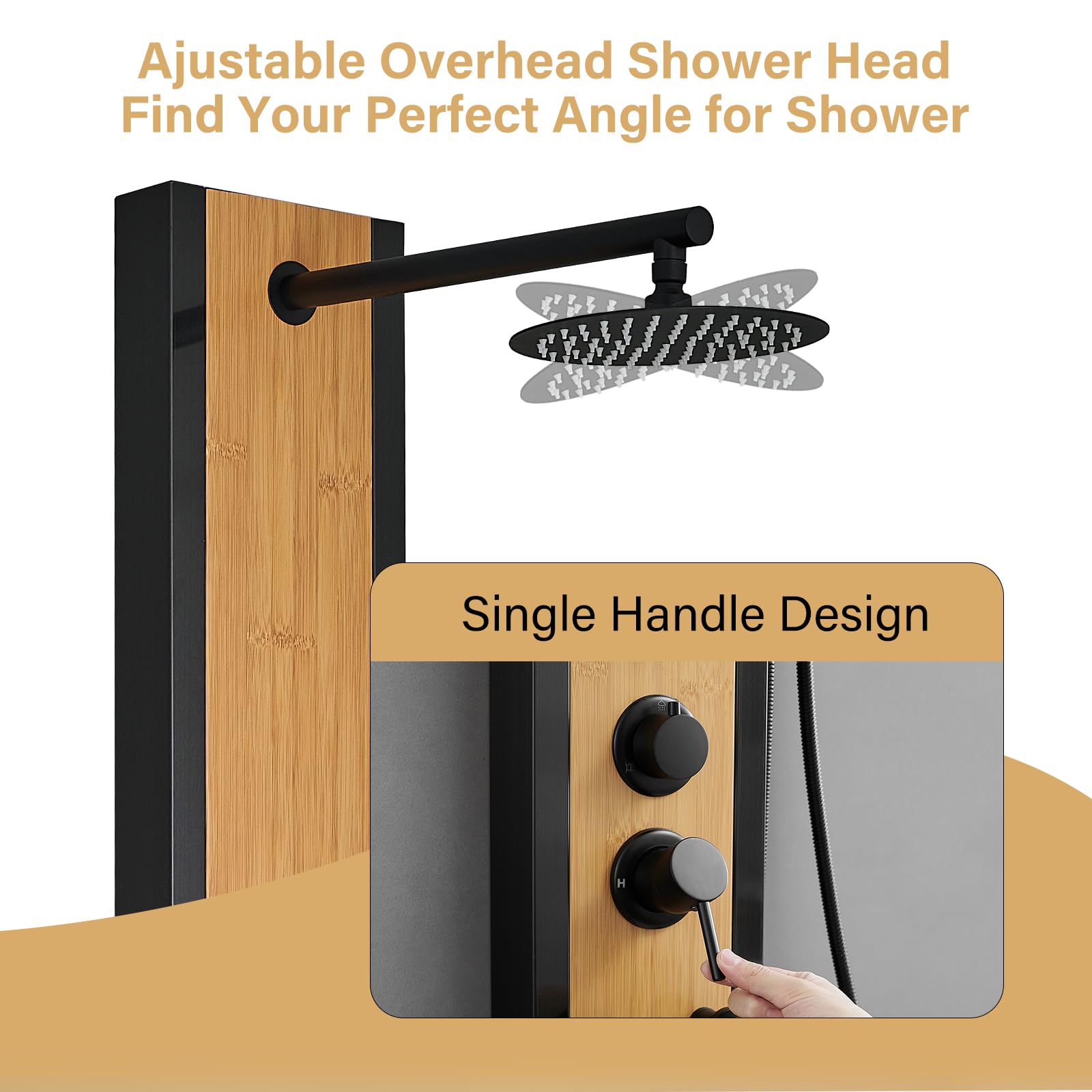 Premium Black Shower Tower with Natural Wood Accents - 304 Stainless Steel Shower Panel System Featuring 8-inch Rainfall Showerhead & 4 Massage Body Jets - Perfect for Home, Hotel, and Luxury Bathroom Renovations - Creates Spa-like Experience for Relaxation and Refreshment