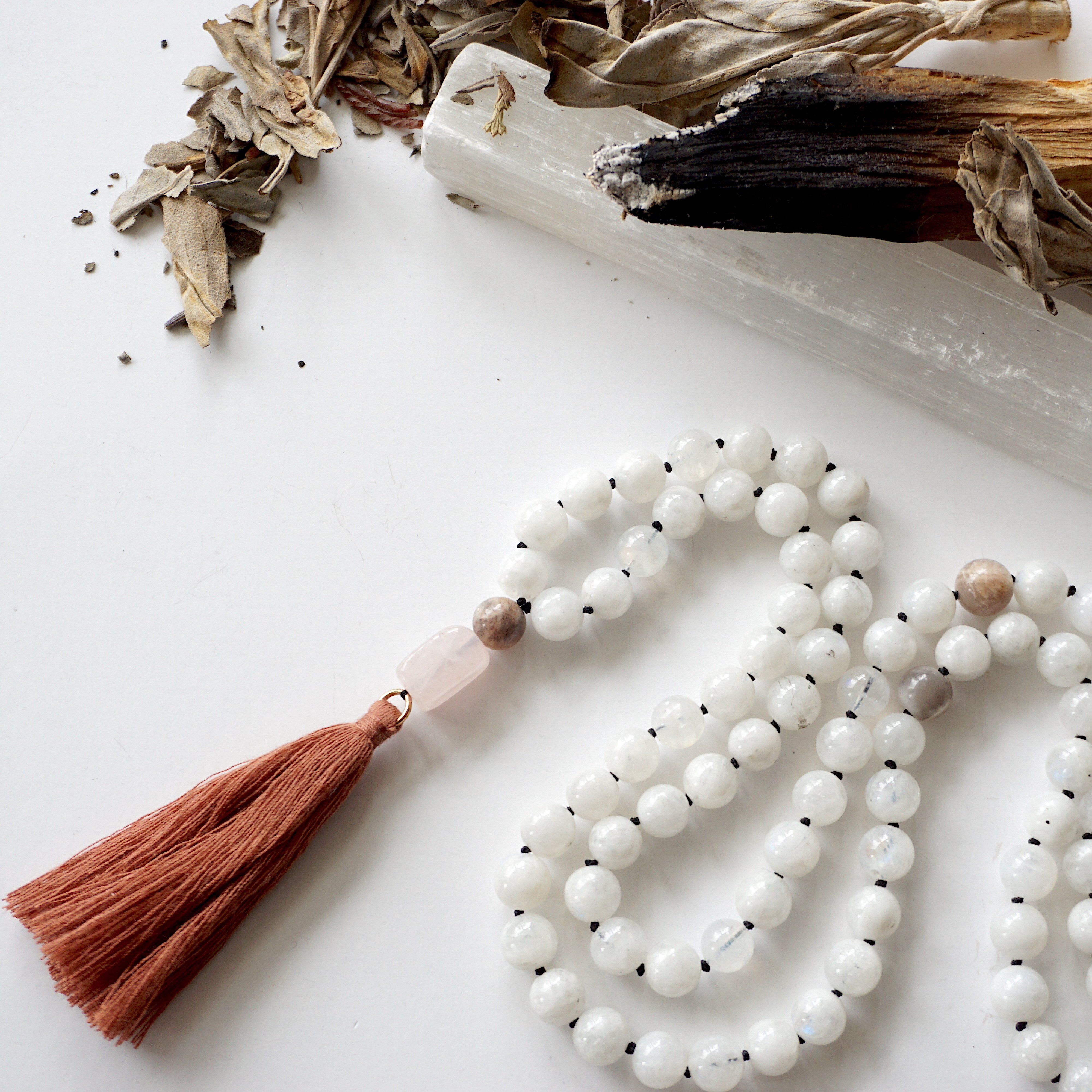 Moonstone and Rose Quartz Mala Necklace - Healing Crystal Beads for Meditation, Yoga & Spiritual Balance | Perfect for Mindfulness Practice & Stress Relief