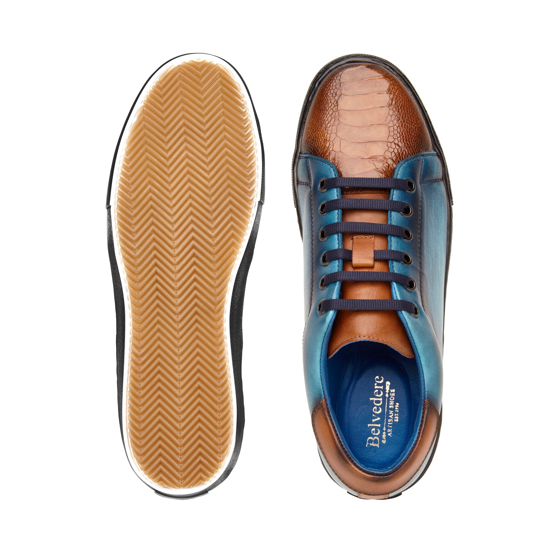 Belvedere Genuine Ostrich Leather & Italian Calfskin Sneakers - Antique Brandy/Antique Ocean Blue Y31 - Comfortable Luxury Shoes for Casual Wear & Street Style