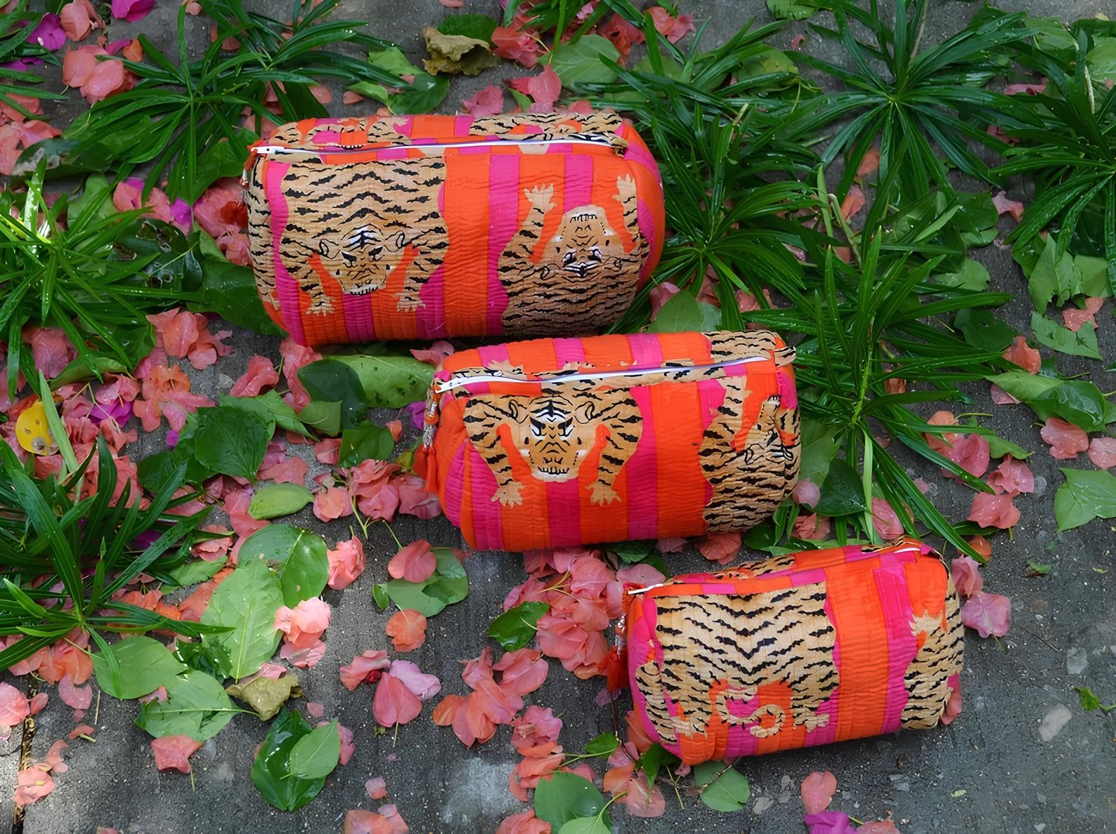 INDACORIFY Tiger Print Makeup Bag Set of 3 - Indian Cotton Toiletry Pouch, Quilted Cosmetic Travel Bag & Wash Bag for Women | Perfect for Travel, Gym, and Daily Organization